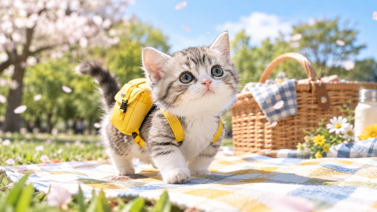 「春のお散歩に出発ニャ!🎒🌸お気に入りのリュックを背負って歩く姿に、元気をたっぷりもらえますね🐾🧺」Ultra-realistic high-quality photograph of an adorable short-legged Munchkin silver tabby-and-white kitten wearing a tiny yellow backpack, walking on a plaid picnic blanket in a sunny park with cherry blossoms drifting, soft springtime lighting, and a picnic basket in the background. 桜の花びらが舞い散る春の公園で、チェック柄の敷物の上を歩くマンチカンのサバ白子猫。小さな黄色いリュックを背負い、愛らしい短い足で歩きながら澄んだ緑がかった丸い瞳で見上げる。背景のピクニックバスケットや満開の桜、柔らかな自然光が穏やかで心弾む春の情景を鮮明に映し出す
