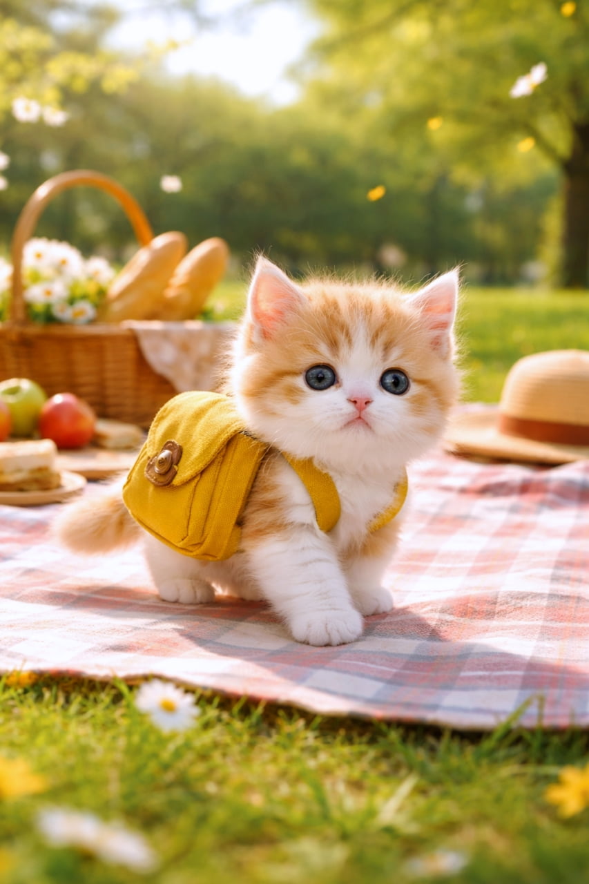 「小さなリュックにおやつを詰めて、春のピクニックに出発ニャ！🎒🌸 ワクワク顔が可愛すぎる〜！」Ultra-realistic high-quality photograph of a cute orange and white kitten wearing a small yellow backpack, walking on a plaid picnic blanket on green grass, with a picnic basket in the sunlit background. 陽の当たる公園の緑の芝生に敷かれたチェック柄のピクニックシートの上を、黄色い小さなリュックサックを背負って歩く茶白の子猫。背景にはパンやフルーツが入ったバスケットがある