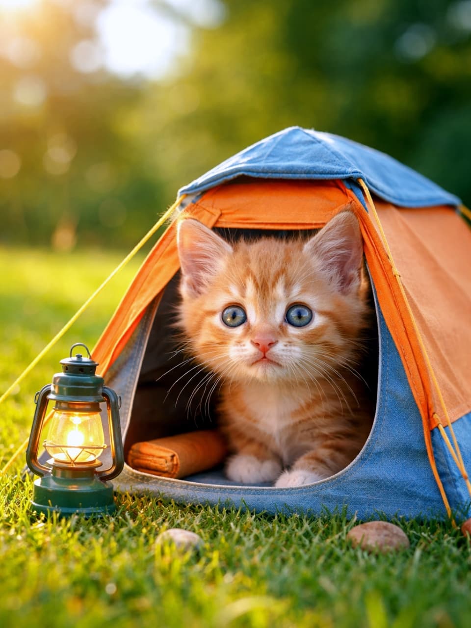 「初めてのキャンプにドキドキ🏕️✨ 小さなテントからひょっこりお顔を出す茶トラ隊長に癒やされる〜🐈💕」Ultra-realistic high-quality photograph of a cute orange tabby kitten peeking out of a miniature orange and blue camping tent on green grass, next to a glowing lantern in warm evening light. 青々とした芝生の上に張られたオレンジと青のミニチュアテントから、顔を出してこちらを見つめる茶トラの子猫。横には小さなランタンが灯り、夕暮れ時の温かい光に包まれている