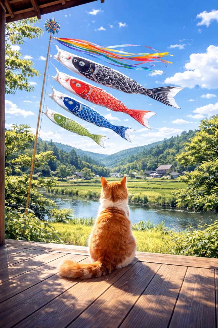 「屋根より高い鯉のぼりニャ〜🎏✨ 縁側で初夏の風を感じる猫ちゃんの後ろ姿に、心からほっこり☺️」Ultra-realistic high-quality photograph of an orange and white cat sitting on a wooden porch, looking from behind at colorful koinobori (carp streamers) flying against a blue sky, with a lush Japanese countryside landscape in the background. 縁側に座る茶白の猫の後ろ姿。青空を背景に、色鮮やかな鯉のぼりが風にそよいでおり、奥には川と緑豊かな日本の田舎の風景が広がっている