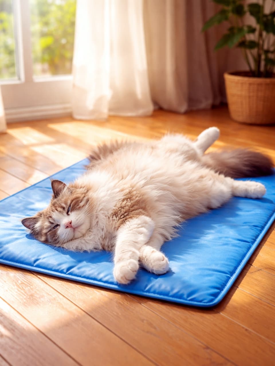 「暑い日はこれに限るニャ🧊💤ひんやりマットの上で無防備にへそ天するラグドールちゃんに癒される〜🎐」Ultra-realistic high-quality photograph of a fluffy Ragdoll cat sleeping comfortably on its back on a blue cooling mat on a wooden floor bathed in sunlight from the window. 日差しの入る窓辺のフローリングに敷かれた青い冷感マットの上で、お腹を見せてリラックスして眠る長毛のラグドール猫
