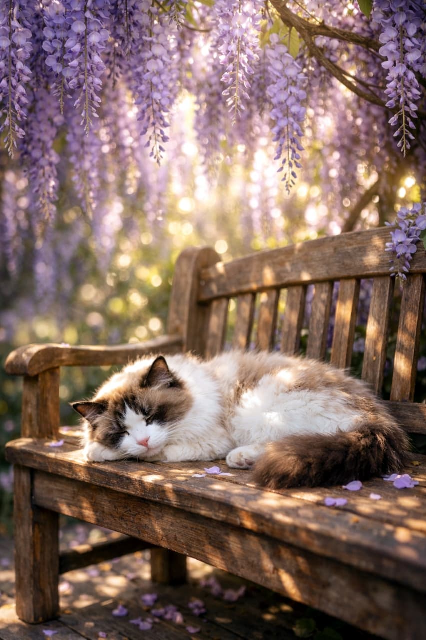 「藤の花の下で、おやすみなさい。ベンチで眠る猫ちゃんの安らかな姿に癒やされるにゃ🌸🌿💤」Ultra-realistic high-quality photograph of a fluffy Ragdoll-type cat sleeping soundly on an old wooden bench beneath a canopy of hanging purple wisteria flowers. Sunlight filters through the flowers, creating a peaceful scene. Scattered petals are on the bench. 藤の花が垂れ下がる下にある、古びた木製のベンチの上で、ラグドールのような長毛の猫が眠っている。猫はベンチの隅に顔を埋めて、日光が差し込む中で安らかに眠っている。ベンチの上には紫の花びらが散っている