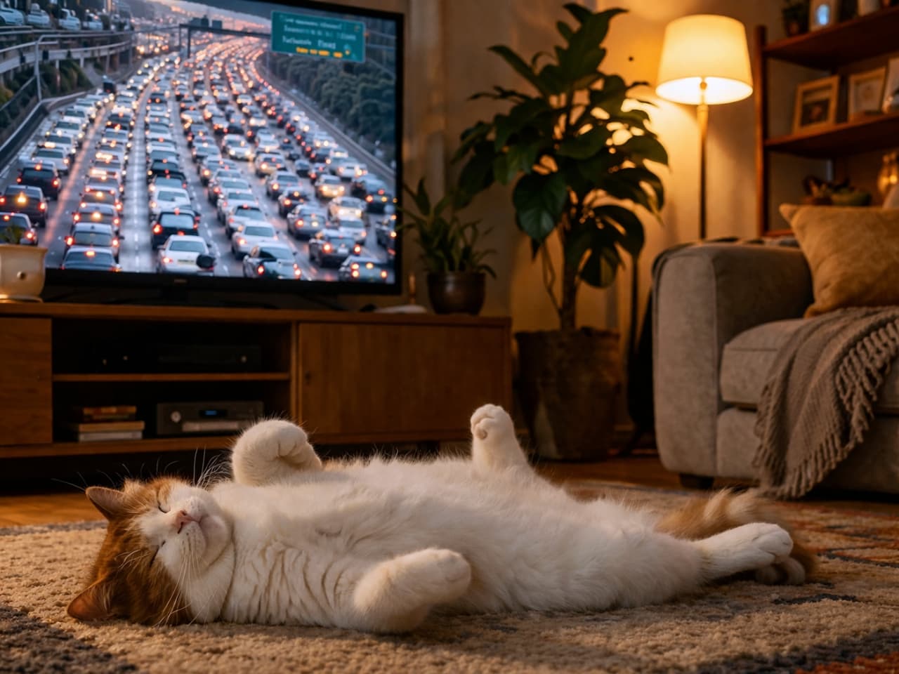 「世間の渋滞なんて関係ニャイ🐾✨おうちのラグで大胆なへそ天ポーズでくつろぐ猫ちゃんに爆笑です🤣💖」Ultra-realistic high-quality photograph of a ginger and white cat sleeping completely relaxed on its back on a living room rug. In the background, a TV screen shows a heavy traffic jam, highlighting the contrast with the cat's laid-back demeanor. リビングルームのラグの上で、お腹を見せて完全にリラックスして眠る茶白猫。背景のテレビ画面にはひどい交通渋滞の様子が映し出されており、猫ののんびりした様子とのコントラストが際立つ、リアルで高画質な写真