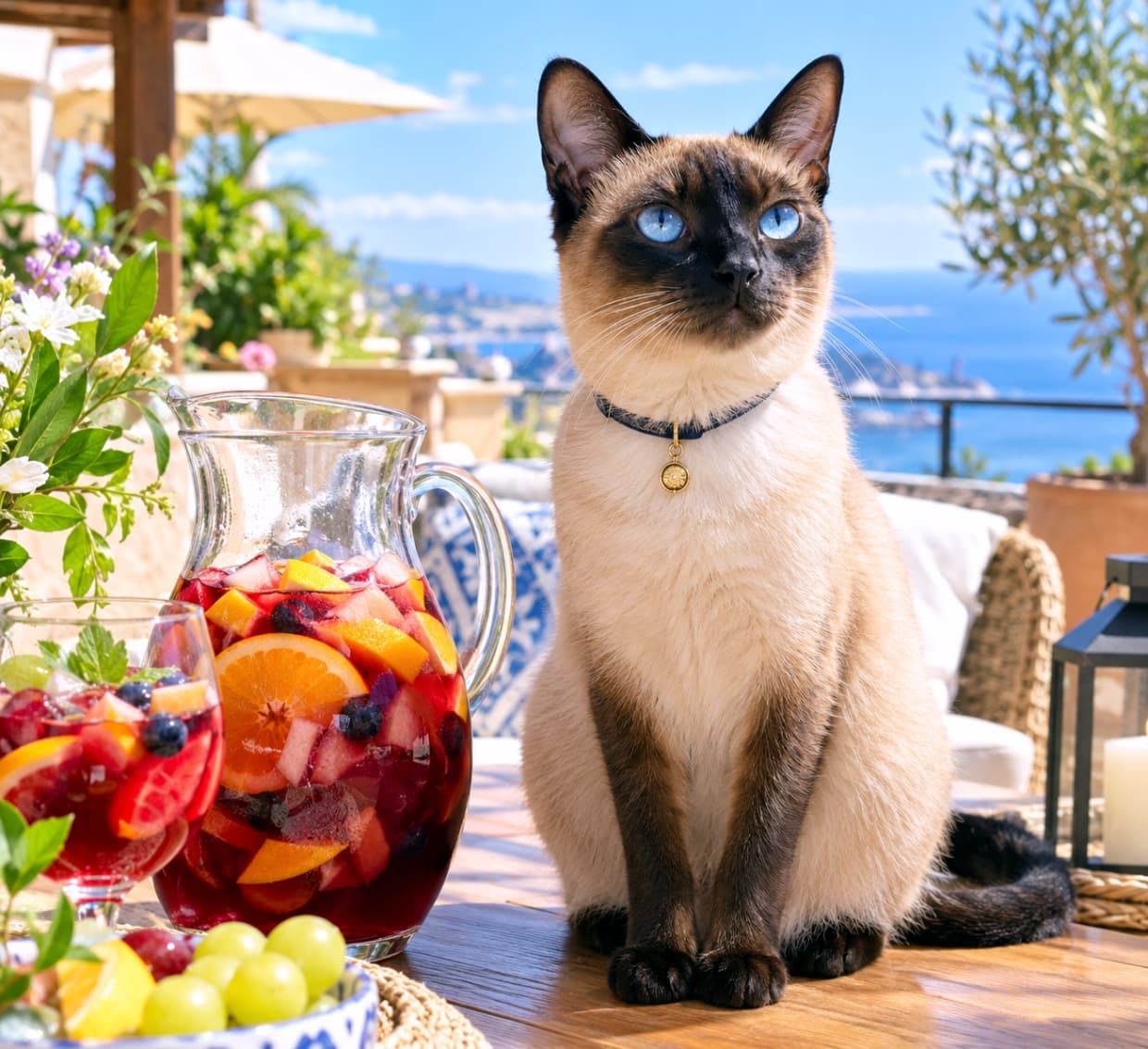 「特等席で海風を感じながら優雅なバカンス気分ニャ🍹☀️吸い込まれそうな青い瞳に釘付けになりますね🐾🌊」Ultra-realistic high-quality photograph of an elegant Siamese cat with deep sapphire blue eyes and a gold-charm collar, sitting gracefully beside a glass pitcher of colorful fruit sangria on a sunlit wooden terrace table overlooking a sparkling blue sea under a clear sky. 燦々と陽光が降り注ぐ海辺のリゾートテラスで、色とりどりのフルーツが入ったサングリアのピッチャーの隣に背筋を伸ばして座るシャム猫。艶やかなシールポイントの毛並みとゴールドチャーム付きの首輪、澄み渡るサファイアブルーの瞳を持ち、正面を凛と見据える。背景の青い海やオリーブの木、爽やかな自然光が、洗練されたラグジュアリーな休日のひとときを鮮明に描き出す情景