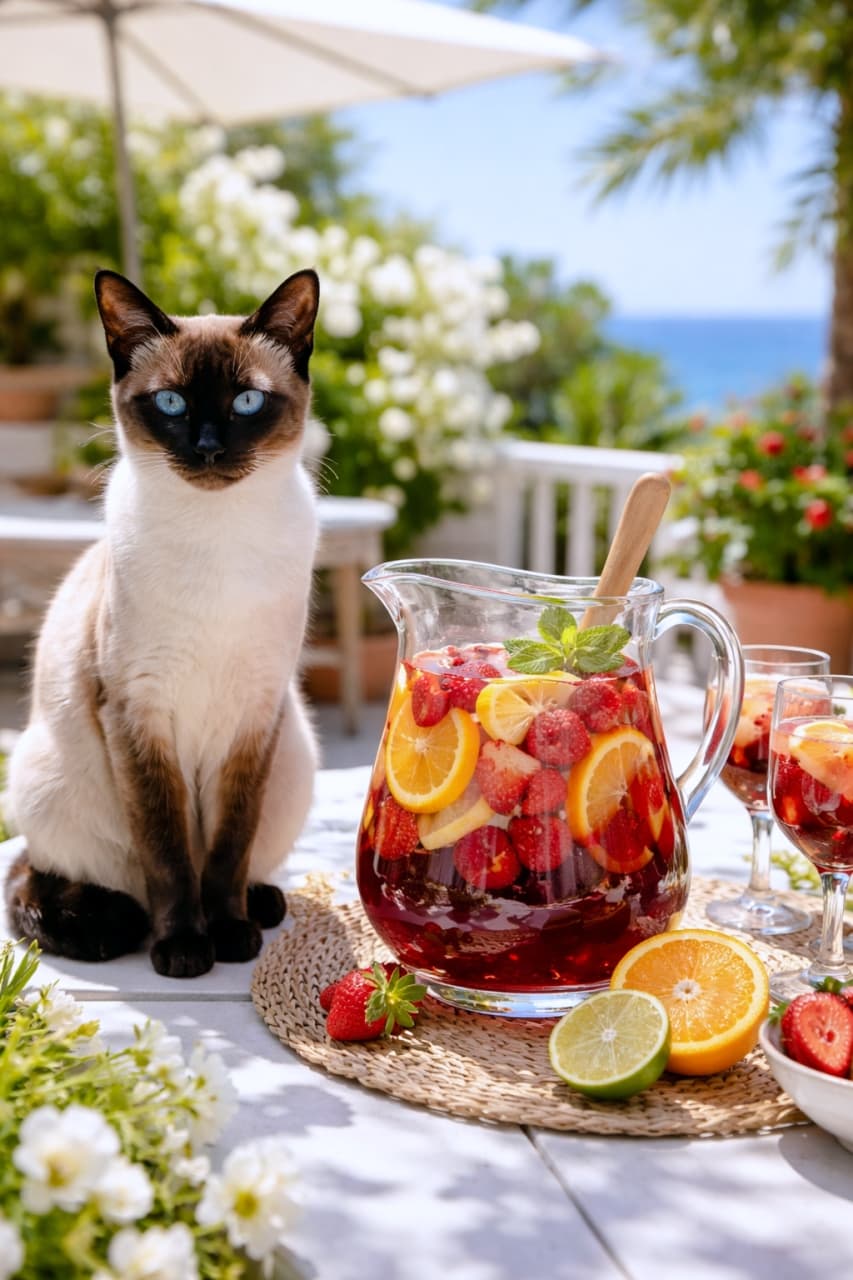 「リゾート気分を満喫🏝️✨美しいシャム猫ちゃんと、フルーツたっぷりのカラフルなサングリアで乾杯🥂🐈」Ultra-realistic high-quality photograph of an elegant Siamese cat with striking blue eyes sitting next to a large pitcher of fruit sangria on a white terrace table by the sea. 海が見える明るいテラスの白いテーブルに座る、青い瞳の美しいシャム猫。横にはイチゴやオレンジがたっぷり入ったフルーツサングリアの大きなピッチャーが置かれている
