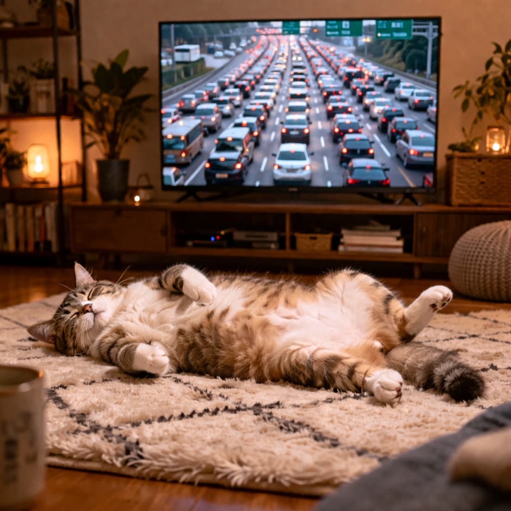 「外は渋滞、お部屋は天国👼✨夜のリビングで無防備すぎる寝姿を披露するキジ白ちゃんに癒されます🌙🐈」Ultra-realistic high-quality photograph of a tabby and white cat sleeping soundly on its back on a rug in a living room illuminated by warm ambient lighting at night. A large TV in the background displays a night highway traffic jam. 暖かな間接照明に照らされた夜のリビングルームで、ラグの上でお腹を上にしてぐっすり眠るキジ白猫。背景の大きなテレビには夜の高速道路の渋滞が映し出されている、リアルで高画質な写真