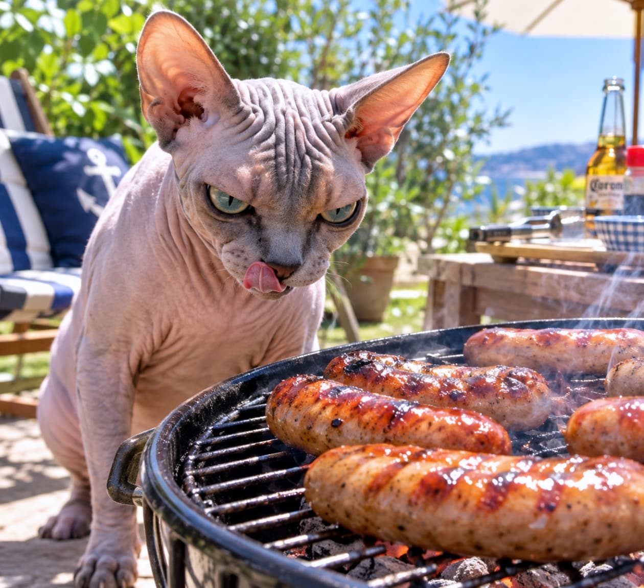 「早く焼けないかニャ〜🍖🔥じっと見つめてペロリと舌を出す真剣なお顔に、思わず笑っちゃいますね🐾😋」Ultra-realistic high-quality photograph of a hairless Sphynx cat with wrinkly skin and sharp aqua-blue eyes licking its lips hungrily, intensely staring at sizzling sausages on a smoking outdoor BBQ grill on a sunny resort terrace under bright natural light. 燦々と降り注ぐ初夏の太陽の下、屋外テラスのBBQグリルで焼ける香ばしいソーセージをじっと見つめる無毛種のスフィンクス猫。細やかな皮膚のシワと大きな耳、鋭く澄んだアクアブルーの瞳を持ち、食欲をそそられてペロリと舌を出す。手前の立ち上る煙や奥のビール瓶、青空が、コミカルで賑やかなガーデンパーティーの臨場感を鮮明に描き出す情景