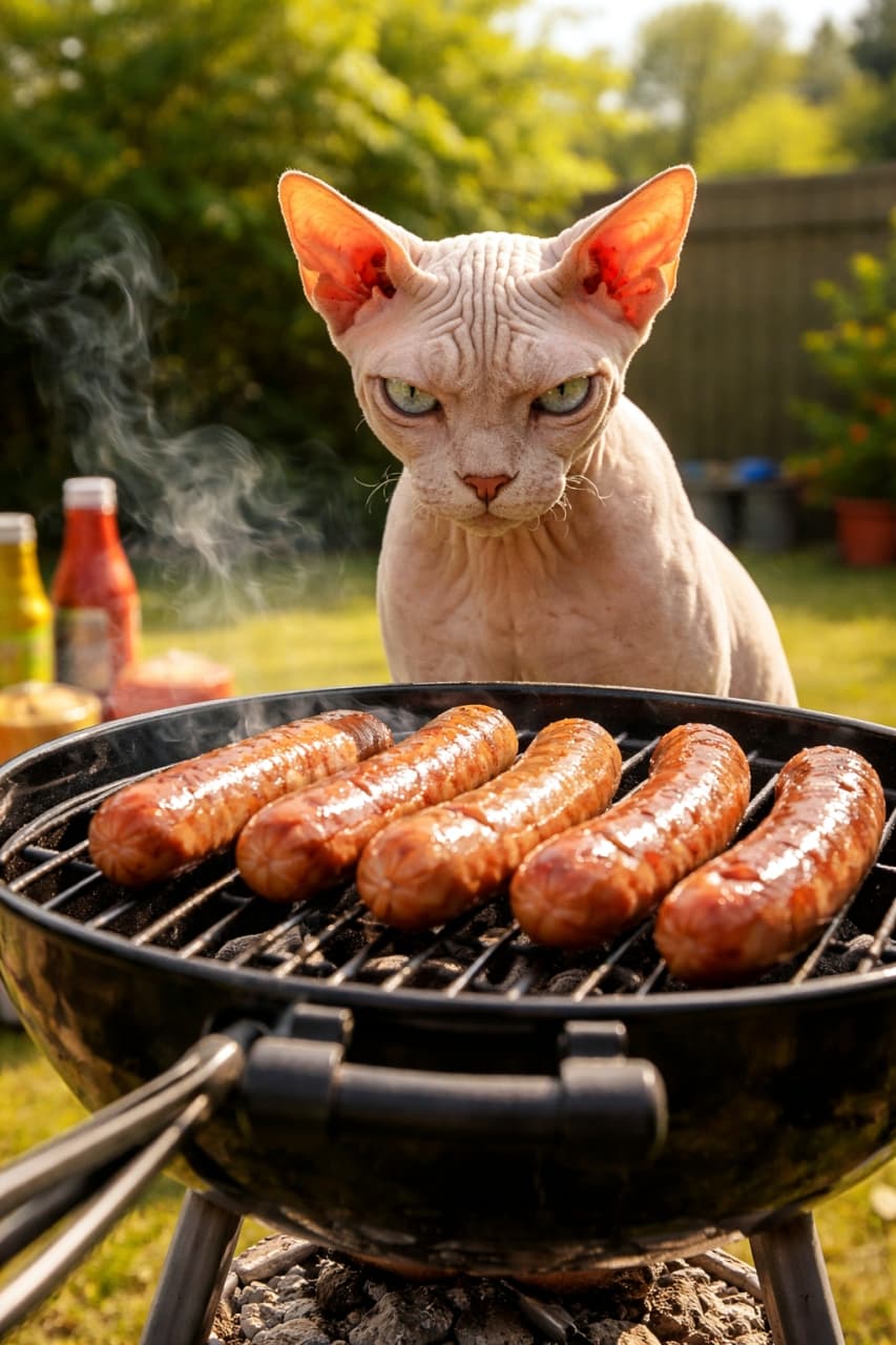 「「それは私のニャ…😼」BBQのソーセージから絶対に目を離さない、真剣すぎる眼差しに注目🔥🍖」Ultra-realistic high-quality photograph of a Sphynx cat glaring intently at sizzling sausages on a smoking BBQ grill in a sunny backyard. 庭のBBQグリルでこんがり焼かれている4本のソーセージを、煙の向こうから鋭い眼差しで見つめるスフィンクス猫。背景にはケチャップなどのボトルが置かれている