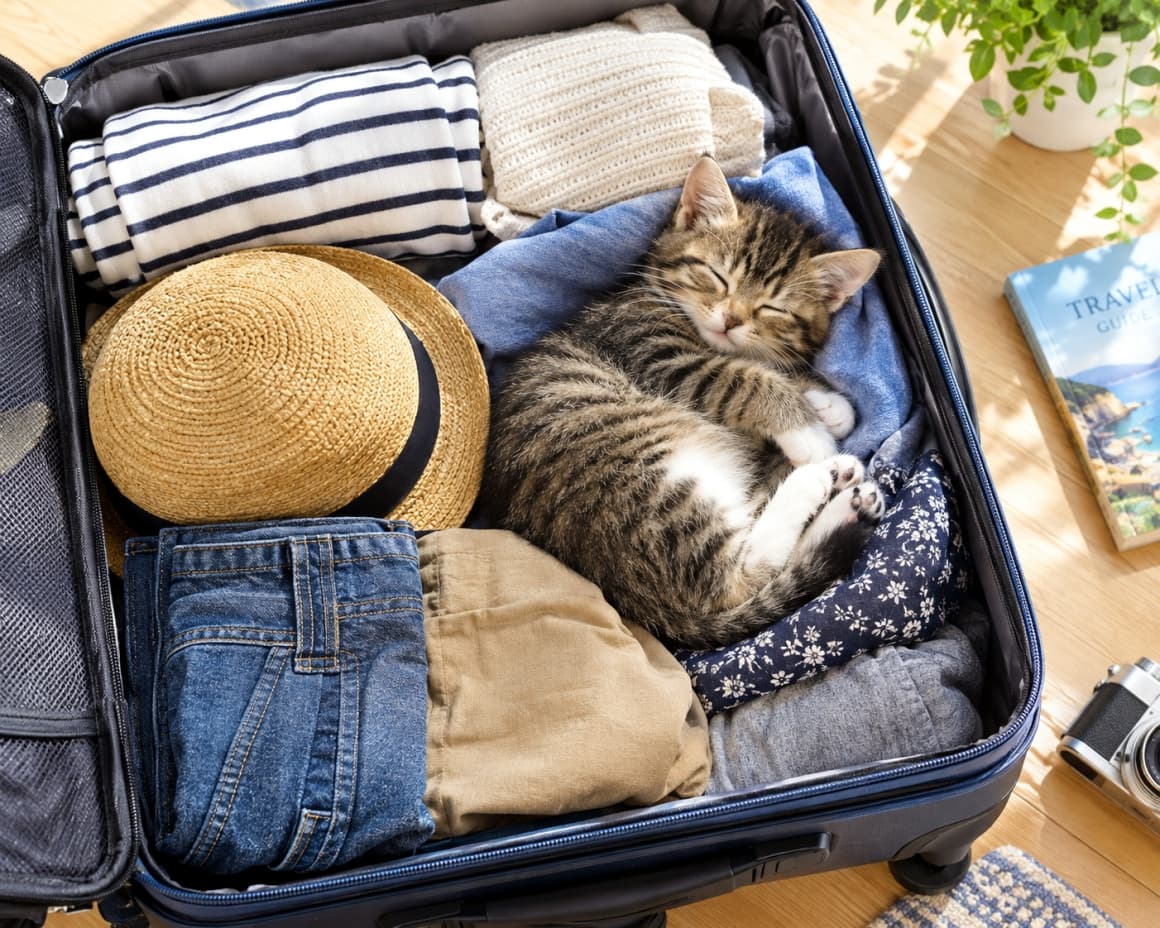 「一緒にお出かけする準備は万端ニャ💤青い服の上ですやすや眠る姿に、旅の前から癒やされますね🧳✈️」Ultra-realistic high-quality photograph of a sweet tabby-and-white kitten sleeping soundly curled up on clothes inside an open travel suitcase, surrounded by a straw hat, denim, a camera, and a guidebook under bright, warm natural sunlight from a clean top-down overhead perspective. 明るい陽光が差し込む部屋で、衣類や麦わら帽子が詰められたスーツケースの洋服の上で丸くなって安心しきって眠る日本猫風のキジ白子猫。細やかな縞模様と白いお腹の柔らかな被毛、穏やかに閉じた目元が、旅支度の荷物と調和して心地よい安らぎを感じさせる真上からの俯瞰情景