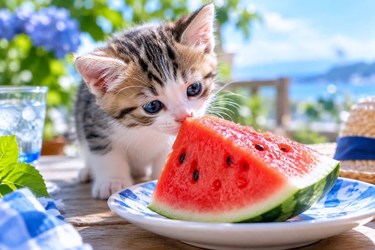 「あまーい香りに誘われたニャ🍉🌊ちょこんと鼻を当てる愛らしい横顔に、爽快な元気がもらえますね🐾👒」Ultra-realistic high-quality photograph of a curious short-haired tabby-and-white kitten pressing its tiny pink nose against a juicy red watermelon slice on a patio table, overlooking the blue sea under bright sunshine, surrounded by hydrangeas and a straw hat. 青空と海が広がるテラスで、青い染付皿に盛られたみずみずしい赤いスイカに鼻をぴったり寄せる日本猫風の短毛キジ白子猫。美しい縞模様とピンクの鼻先、澄んだブルーの瞳を持ち、左の紫陽花や冷えたグラス、右奥の麦わら帽子が初夏の心地よい爽快感を鮮明に描き出す情景
