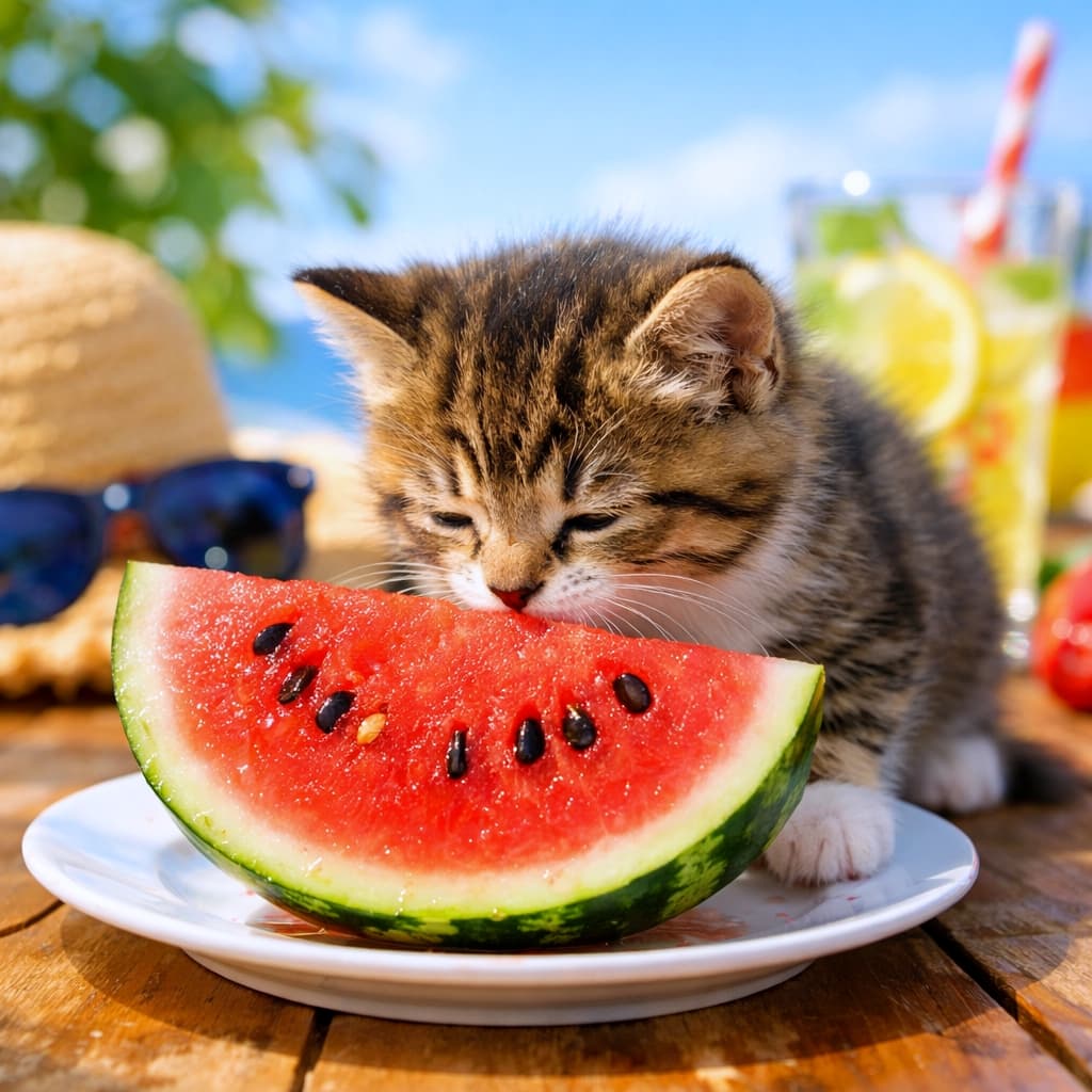 「夏満喫中🌻ちっちゃなお鼻でスイカをくんくん🍉✨海辺のリラックスタイムで一緒に涼んじゃおう🐾」Ultra-realistic high-quality photograph of a cute tabby kitten sniffing a slice of watermelon on a wooden table, with a blurred background of a sunny beach, straw hat, sunglasses, and a cold drink. 夏の青空と海を背景に、木製のテーブルに置かれた大きなスイカのくし切りの匂いを嗅ぐキジトラの子猫。麦わら帽子やサングラス、レモネードがボケて写る、夏らしい明るい構図