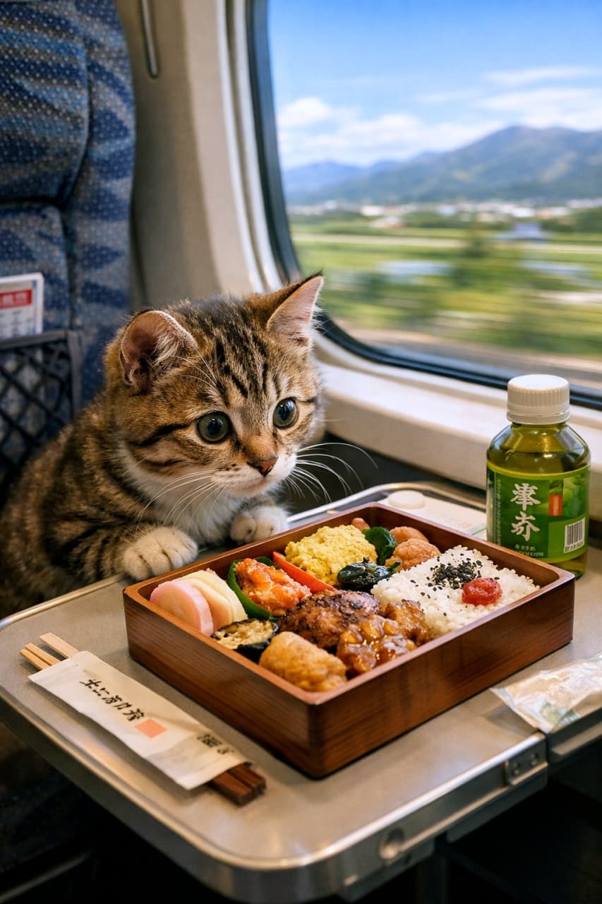 「くんくん…美味しそうな匂いがするニャ🍱✨ 新幹線で駅弁に夢中な子猫ちゃんと一緒に旅したい！🚄」Ultra-realistic high-quality photograph of a tabby kitten leaning over a tray table on a bullet train, curiously looking at a delicious bento box and green tea, with the countryside passing by the window. 新幹線の車内で、座席のテーブルに広げられた美味しそうな駅弁と緑茶のペットボトルを、テーブルの縁から身を乗り出して見つめるキジトラの子猫。窓の外には田園風景が流れている