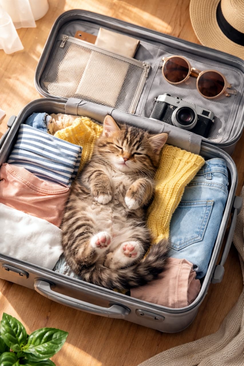 「準備万端！ボクも一緒に旅行に行くニャ🧳✈️ スーツケースの中でへそ天で爆睡しちゃうお茶目な子猫ちゃん😹」Ultra-realistic high-quality photograph of a tabby kitten sleeping on its back in the middle of a packed grey suitcase filled with clothes, sunglasses, and a vintage camera. 綺麗にパッキングされた衣服が入ったグレーのスーツケースの真ん中で、仰向けになって無防備に眠るキジトラの子猫。ケースのポケットにはサングラスやレトロなカメラが収納されている