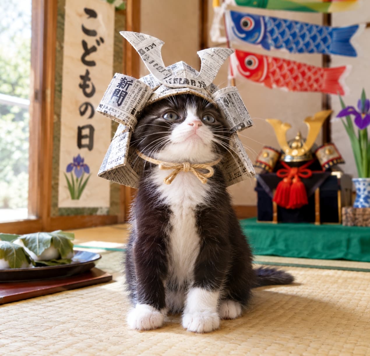 「立派な兜をかぶってご満悦ニャ!🎏✨健やかな成長を願う端午の節句、誇らしげなお顔に元気をもらえますね🐾👦」Ultra-realistic high-quality photograph of a proud tuxedo kitten wearing a folded newspaper samurai helmet, sitting properly on a tatami mat. Gazing upward with bright, clear eyes, surrounded by traditional Japanese Children's Day decorations including koinobori carp streamers, a hanging scroll, kashiwa mochi, and miniature armor under warm natural lighting. 明るい自然光が差し込む和室の畳の上で、折り紙の新聞紙兜を被り背筋を伸ばして座る日本猫風の白黒タキシード子猫。艶やかな黒白の被毛と白い胸元、澄んだ瞳を輝かせて誇らしげに斜め上を見つめる。背景の「こどもの日」の掛け軸や鯉のぼり、手前の柏餅と五月人形の兜飾りが、端午の節句の伝統的な祝祭感を鮮やかに描き出す情景