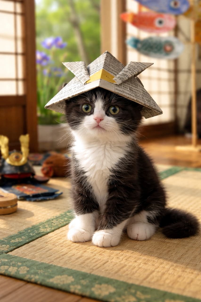 「新聞紙の兜でりっぱな猫武将に変身ニャ！⚔️✨ キリッとした表情がかっこよくて可愛すぎます😍」Ultra-realistic high-quality photograph of a tuxedo kitten sitting on a tatami mat, wearing an origami newspaper kabuto (samurai helmet), looking directly at the camera with a traditional Japanese room in the background. 畳の上に座り、新聞紙で折られた兜を頭にかぶってカメラをじっと見つめるハチワレの子猫。背景の和室には五月人形の兜飾りがぼんやりと見える