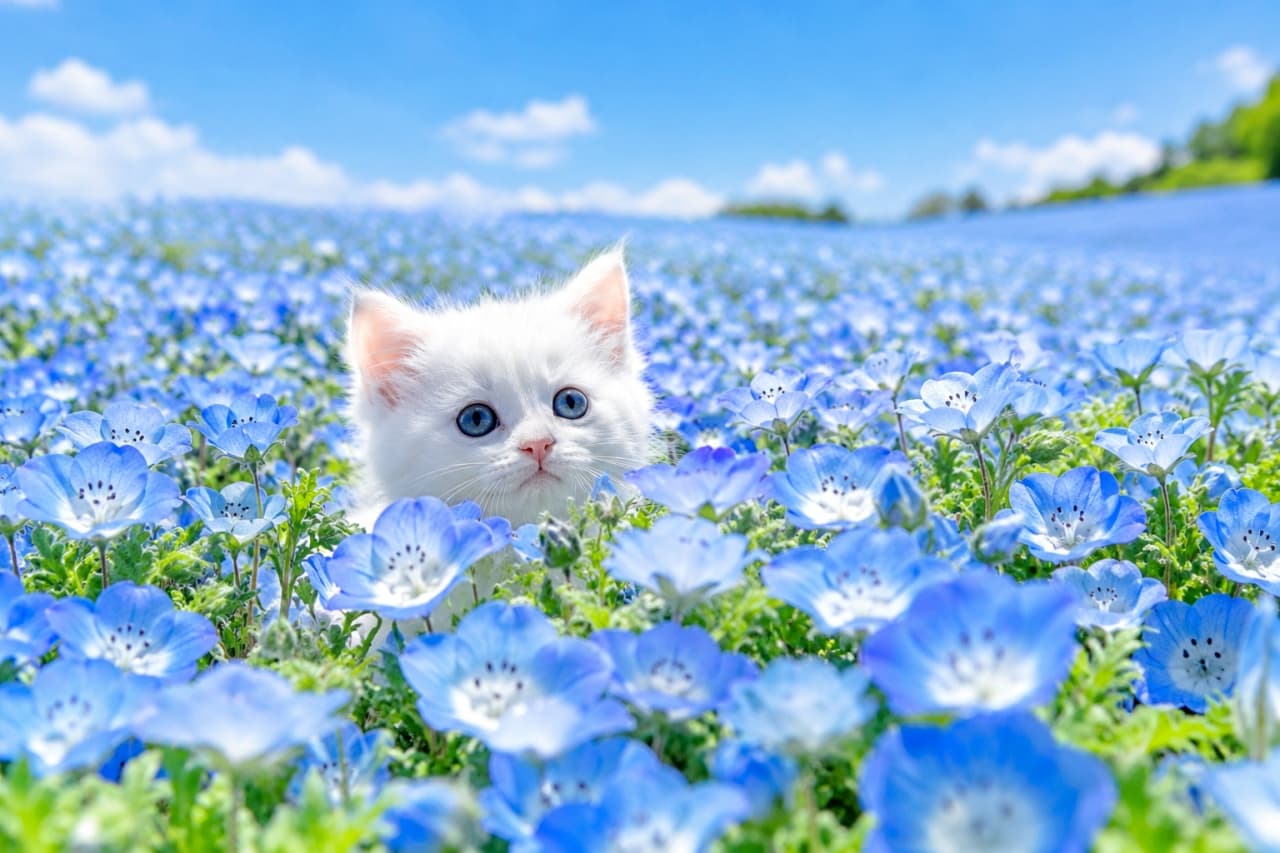 「青一面のネモフィラ畑からひょっこりニャ!💙澄んだ青空とピュアな白毛に、心が洗われる爽やかさですね🐾✨」Ultra-realistic high-quality photograph of a pure white fluffy kitten peeking out from a vast field of blooming blue nemophila flowers under a bright sunny sky. Gazing forward with captivating deep-blue eyes, enveloped in vibrant blue petals, lush green foliage, and refreshing natural daylight. 快晴の青空の下、満開に咲き誇る一面の青いネモフィラ畑から顔を覗かせるペルシャ風の純白な長毛子猫。シルクのように柔らかな白い被毛と澄んだサファイアブルーの瞳を持ち、太陽の爽やかな光を浴びながら真っ直ぐ前を見つめる。鮮やかなブルーと新緑の緑が織りなす、爽快で幻想的な春の情景