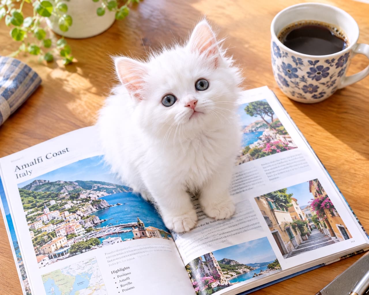 「次の旅行はボクも一緒ニャ!📖☕️澄んだ瞳で見つめる愛らしい姿に、朝から心がほっと満たされますね🐾✨」Ultra-realistic high-quality photograph of an innocent, fluffy white kitten sitting directly on an open travel guidebook on a wooden table, looking up with clear blue-grey eyes next to a floral ceramic cup of black coffee under bright natural morning light. 柔らかな自然光が注ぐ木製テーブルの上で、開かれた旅行ガイドブックの上にちょこんと座るペルシャ風のふわふわな白猫の子猫。澄んだ青灰色の瞳で純真に上を見つめ、右上の青い花柄マグカップに入ったコーヒーと室内のグリーンが、旅への憧れと穏やかな朝のひとときを心地よく描き出す情景