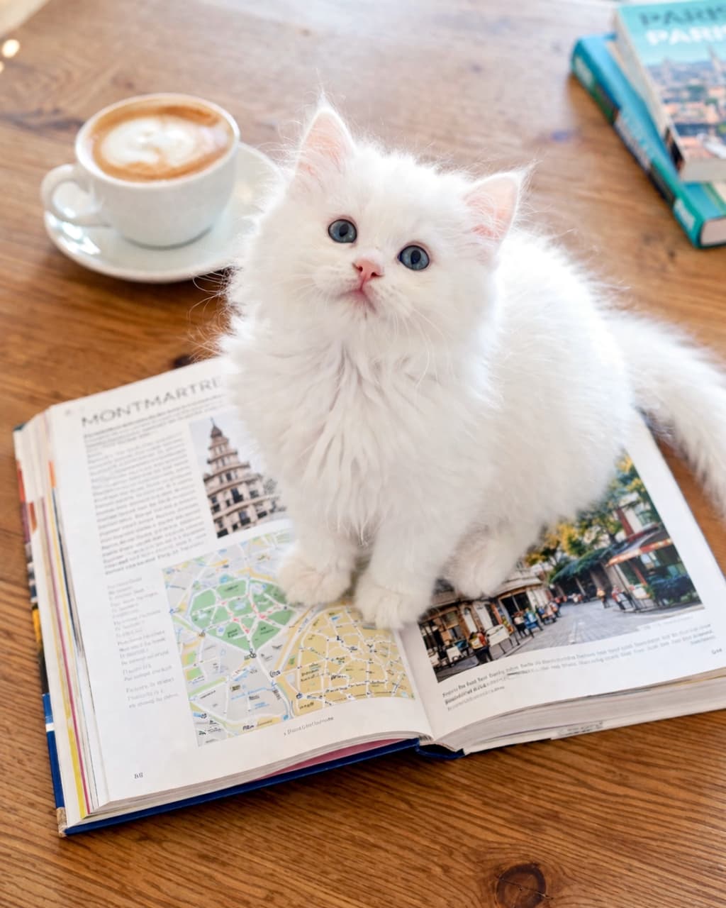 「次の旅行はパリに決まり！？🇫🇷 カフェラテと一緒に旅行計画のお手伝いをしてくれる、真っ白な妖精さん☕️🐈」Ultra-realistic high-quality photograph of a fluffy white kitten sitting on an open Montmartre guidebook on a wooden table, with a cup of coffee in the background. 木製のテーブルの上で、開かれた「MONTMARTRE（モンマルトル）」の旅行ガイドブックの上にちょこんと座る、ふわふわな白猫の子猫。奥にはラテアートが施されたコーヒーカップが置かれている