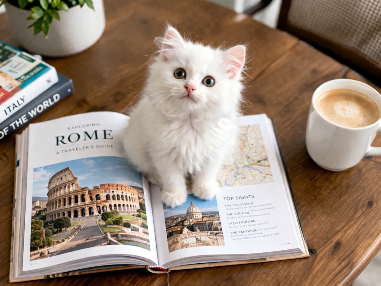 「コロッセオって大きいのニャ？🏛️✨ ローマのガイドブックの上で不思議そうに見上げる白猫ちゃんにキュン💕」Ultra-realistic high-quality photograph of an adorable white kitten sitting on an open Rome travel guidebook featuring the Colosseum, looking up curiously, next to a white mug. コロッセオの写真が載った「ROME（ローマ）」の旅行ガイドブックの上に前足を揃えて座り、不思議そうに上を見上げる真っ白な子猫。横には白いマグカップが添えられている