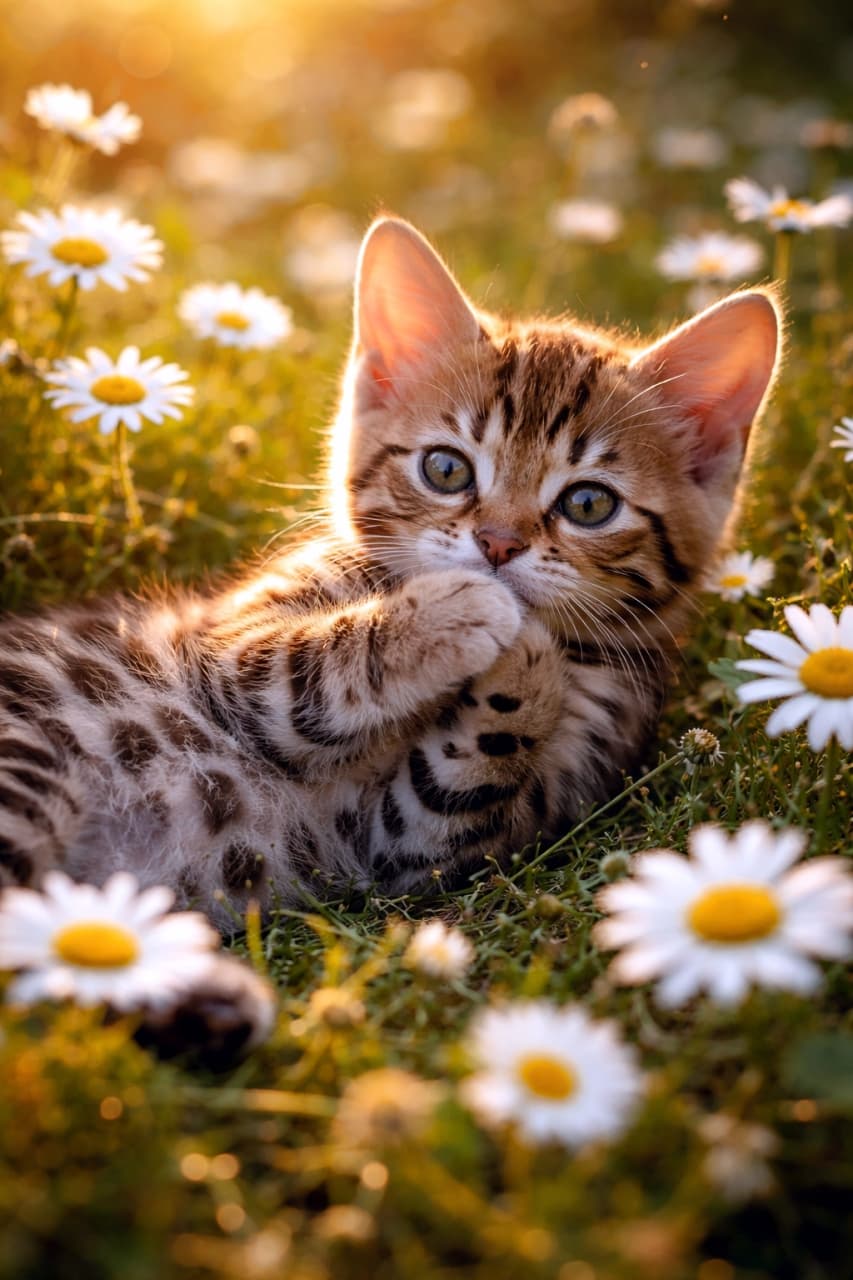 「お花畑でおすましポーズ🌼✨ 夕日に照らされた模様がとっても綺麗！ #ベンガル猫 #夕暮れ散歩」Ultra-realistic high-quality photograph of a beautiful Bengal kitten laying in a field of white daisies during golden hour, illuminated by warm sunset light. 夕暮れ時の黄金色の光（ゴールデンアワー）の中、白いデイジーの花畑に寝転がる美しいベンガル柄の子猫