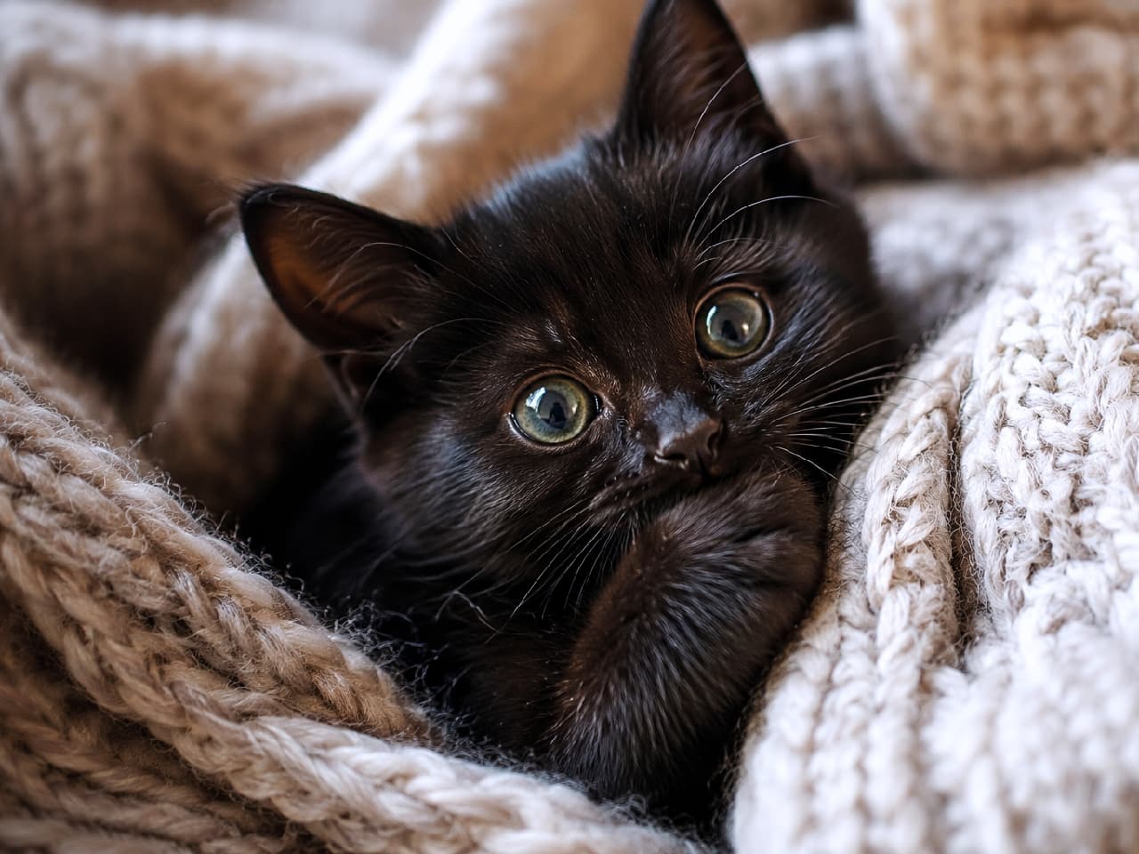 「大きな瞳で見つめられちゃった🥺🧶ニットの温もりと、甘えん坊な黒猫ちゃんに心ぽかぽか☕️🐈‍⬛ #黒猫 #猫のいる暮らし #子猫」Ultra-realistic high-quality photograph of a black short-haired kitten wrapped snugly in a beige chunky knit blanket. The kitten has striking, large emerald-green eyes looking directly at the camera while sucking its glossy black paw. The beautiful contrast between the textured knit and the smooth fur, along with warm lighting, creates a cozy autumn/winter vibe. ざっくりと編まれたベージュのチャンキーニットの毛布にすっぽりと包まれ、こちらをじっと見つめる黒猫（短毛種）の子猫。くりくりとした大きなエメラルドグリーンの瞳が印象的で、黒く艶やかな前足を口元に当てて吸っています。ニットの立体的な質感と、子猫の滑らかな被毛のコントラストが美しく、温かみのある陰影が秋冬の季節感を感じさせます