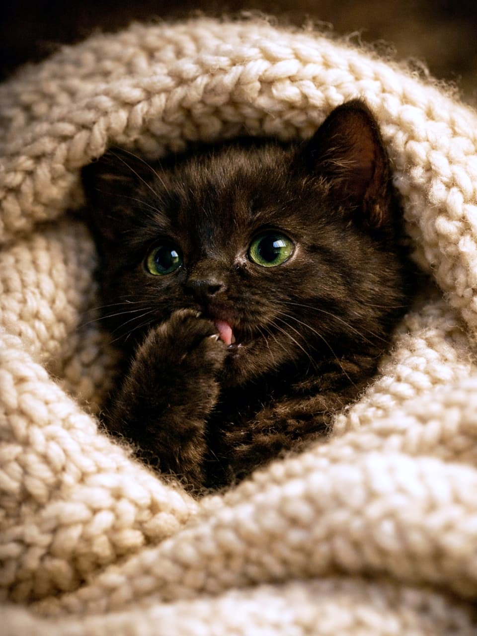 「ニットにくるまって前足ちゅぱちゅぱ🐾 くりくりのグリーンアイがたまらない黒猫ちゃんです🐈‍⬛✨」Ultra-realistic high-quality photograph of a black kitten with bright green eyes sucking its paw while wrapped snugly in a chunky white knit blanket. ざっくりと編まれた白いニットの毛布にすっぽりと包まれ、美しい緑色の瞳を輝かせながら前足をちゅぱちゅぱと吸っている黒い子猫の高画質写真