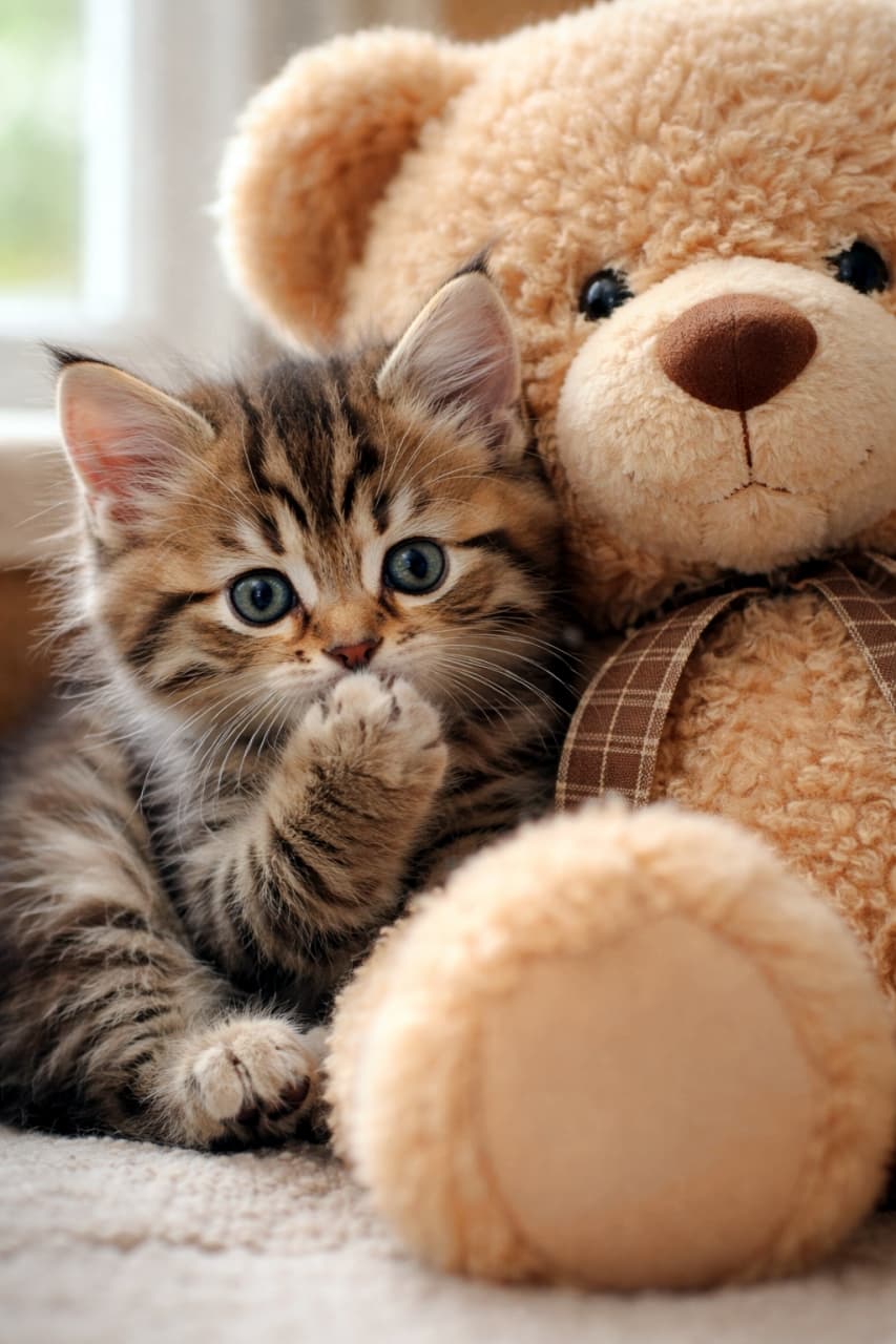 「大きなテディベアと一緒で安心🧸💕 ちゅぱちゅぱが止まらない、甘えん坊なキジトラちゃんです🐾」Ultra-realistic high-quality photograph of a brown tabby kitten sucking its paw contentedly while sitting next to a large brown teddy bear. 大きな茶色のテディベアのぬいぐるみに寄り添うように座り、安心した様子で前足をちゅぱちゅぱと吸っているキジトラの子猫の高画質写真