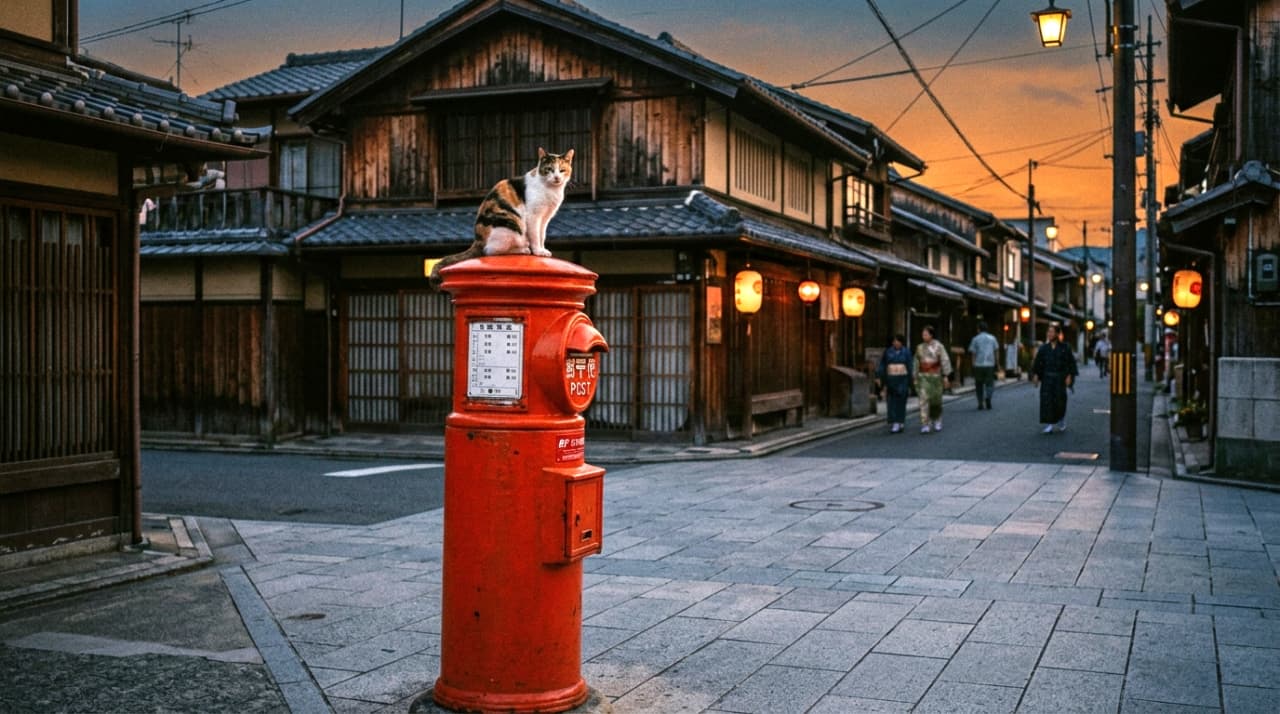 「夜の町歩き、ちょっと休憩ニャ🏮提灯が優しく灯る石畳の通り。丸ポストの上から、楽しそうな人々を眺める三毛猫ちゃん🐈✨」Ultra-realistic high-quality photograph of a calico cat sitting on a red postbox in a traditional Japanese street at night, illuminated by glowing paper lanterns. 夜の帳が下りた石畳の古い町並み。立ち並ぶ提灯の明かりが美しい通りで、赤い丸ポストの上に三毛猫が座っている。遠くには浴衣姿の人々が歩いている