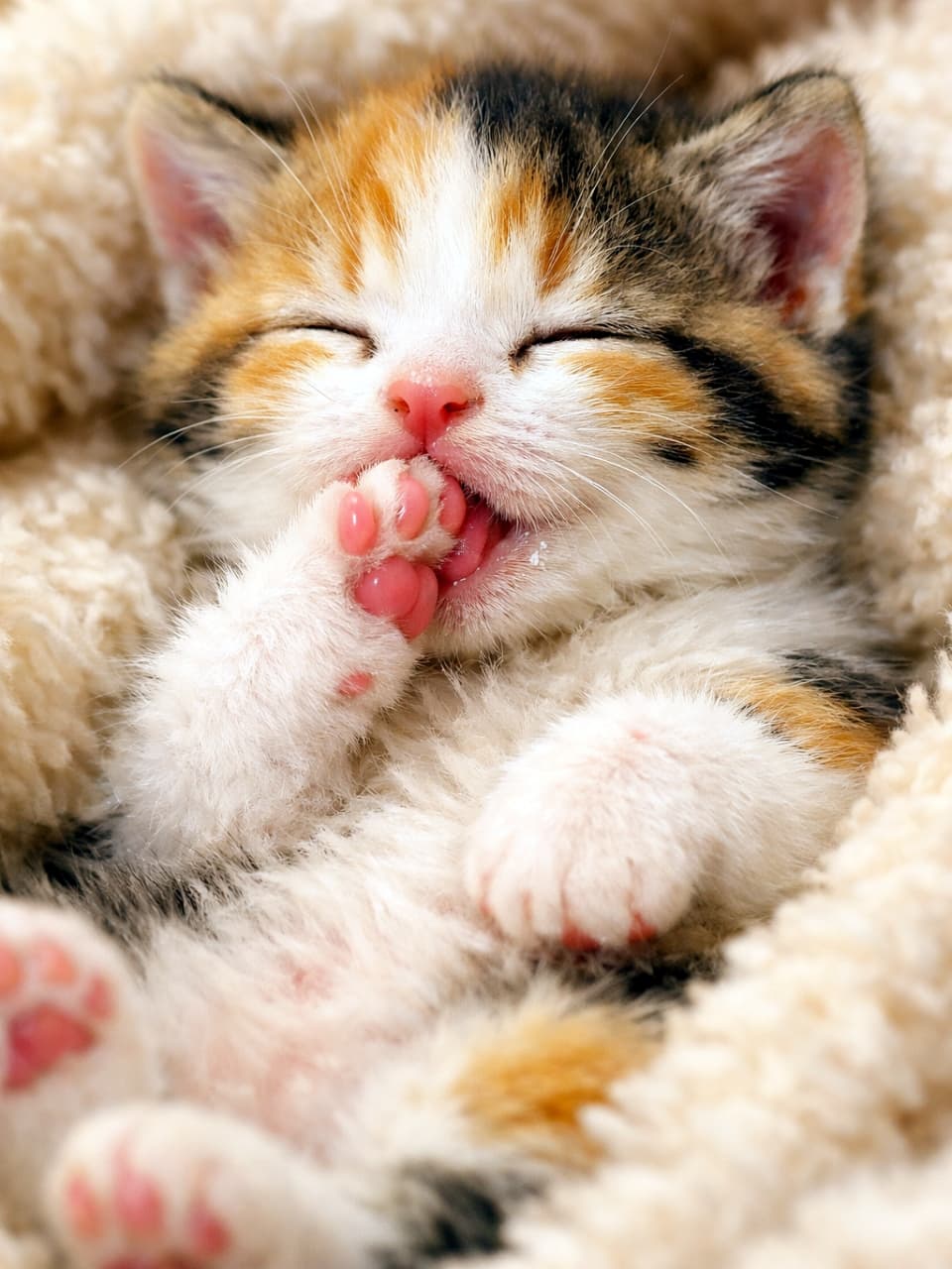 「天使の寝顔と肉球だらけの「おててチュッチュ」🐾 AIが肉球を大サービスしすぎちゃった愛らしい失敗作😹💕」An ultra-realistic, highly detailed close-up photograph of a tiny calico kitten happily sleeping belly-up on a fluffy beige knitted blanket, with its eyes closed. The kitten is suckling on its right front paw. Notably, due to a literal interpretation of the prompt, the kitten is depicted with a highly unusual and dense collection of numerous bright pink paw pads (grain-like) all over its front and back paws, far exceeding natural numbers. Warm and soft natural daylight illuminates the humorous and surreal AI fail, making for an adorable yet strange scene. 超高画質な接写写真。フワフワのベージュのニットブランケットの上で仰向けになって目を閉じて幸せそうに眠る小さな三毛猫の子猫。子猫は右前足を吸っている。特筆すべきは、プロンプトの言葉をAIが文字通り解釈しすぎてしまった結果、前足と仰向けの姿勢で見えている後足の両方に、実際の猫の解剖学的構造よりもはるかに多くの、鮮やかなピンク色の小さな肉球（肉球の粒子）が密集して描写されており、ユーモラスでシュールな失敗作となっている点。暖かく柔らかい自然光が全体を照らす、愛らしくも不思議な情景