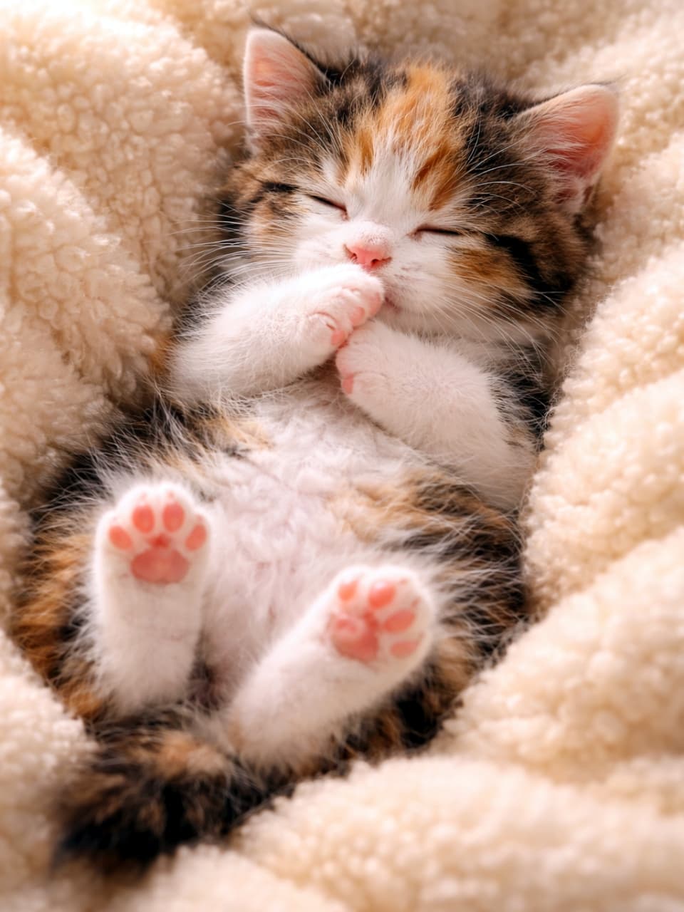 「おててチュッチュで安らぎタイム🐈💤 三毛猫の子猫が仰向けで眠る、究極の癒やしショット✨哺乳行動が可愛すぎ！」An adorable ginger tabby kittenAn ultra-realistic, high-quality photograph of a tiny calico kitten peacefully sleeping belly-up on a fluffy beige knitted blanket, with its eyes closed. The kitten is suckling on both of its front paws, mimicking nursing behavior. Its back paws show a natural number and arrangement of pink paw pads. Warm and soft natural daylight illuminates the heartwarming and adorable scene. Compared to the previous image, the depiction of paw pads is natural, making this a perfect healing image. 超高画質な接写写真。フワフワのベージュのニットブランケットの上で仰向けになって目を閉じて安らかに眠る小さな三毛猫の子猫。子猫は両前足を吸っており、哺乳行動を模倣している。後足の肉球は自然な数と配置で見えている。暖かく柔らかい自然光が全体を照らす、心温まる愛らしい情景。前の画像と比較して肉球の描写は自然で、完璧な癒やしの一枚