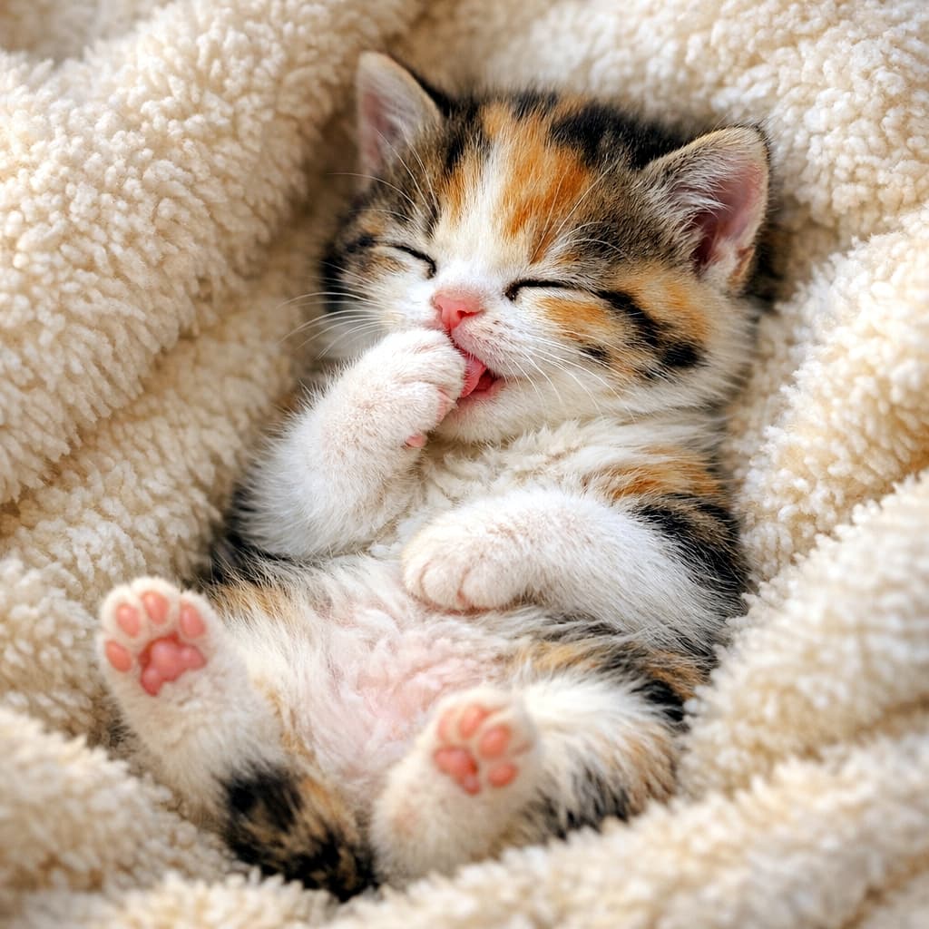 「ごろんと仰向けでちゅぱちゅぱ🍼💕 ピンクの肉球と幸せそうなお顔がたまらない三毛猫ちゃんです✨」Ultra-realistic high-quality photograph of a tiny calico kitten lying on its back on a fluffy sherpa blanket, exposing pink toe beans and sucking its paw with a happy expression. ふわふわのボアブランケットの上で仰向けになり、ピンクの肉球を見せながら笑顔のような表情で前足をちゅぱちゅぱと吸っている三毛猫の高画質写真