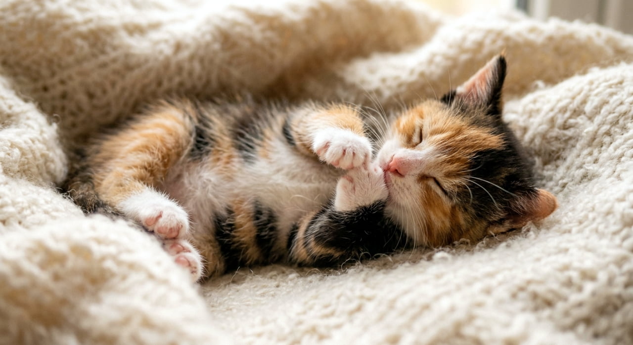 「横向きでスヤスヤ…💤 ニットの温もりに包まれてちゅぱちゅぱする三毛猫ちゃんに癒されます🐈🐾」Ultra-realistic high-quality photograph of a tiny calico kitten lying on its side on a chunky white knit blanket, sucking its paw with its eyes closed. ざっくり編みの白いニット毛布の上で横たわり、目を閉じて前足をちゅぱちゅぱと吸っている小さな三毛猫の高画質写真。柔らかな自然光が差し込んでいる