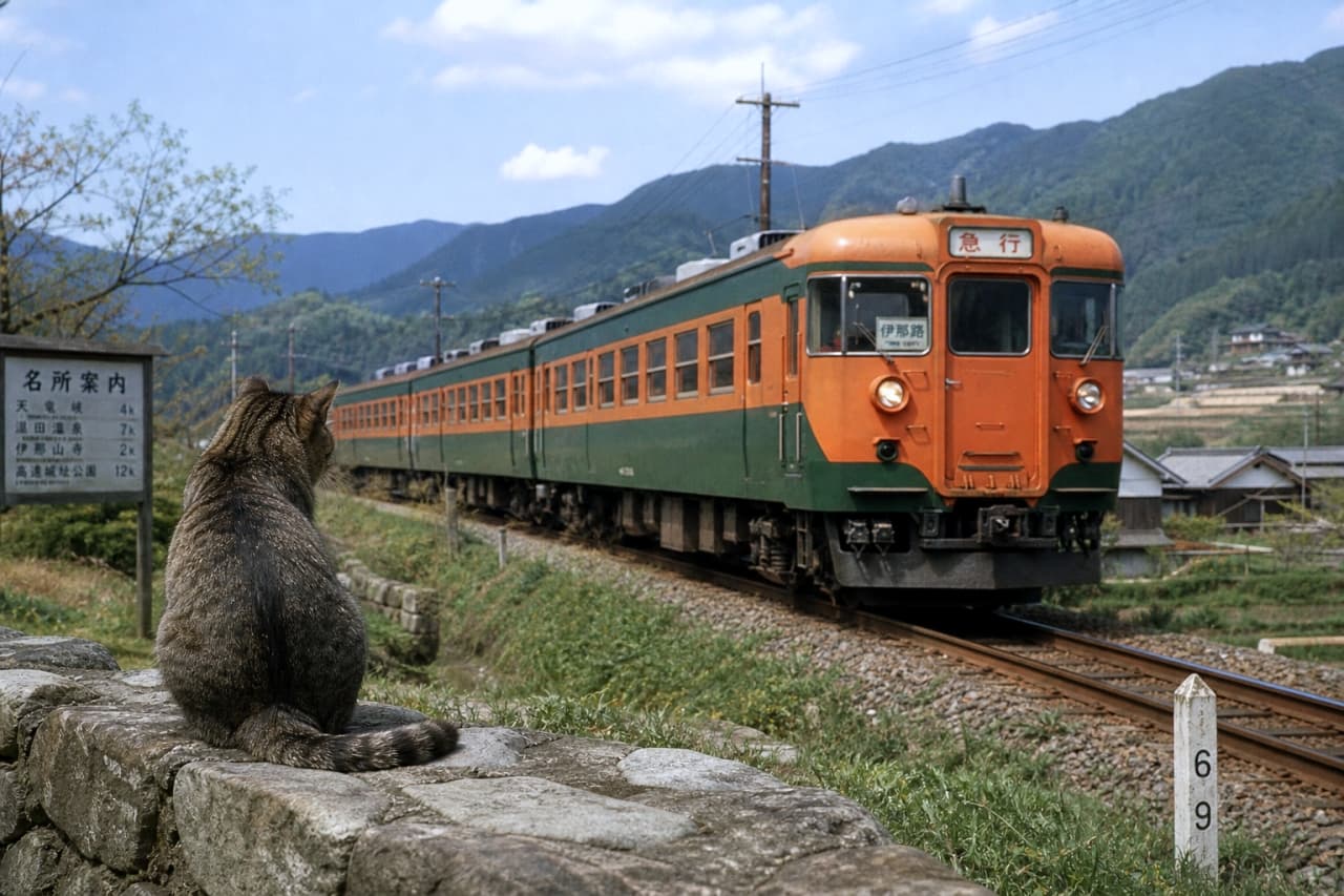 「ガタンゴトン…どこへ行くのかな？🐈🚃 哀愁漂う後ろ姿とローカル線がエモすぎる！✨ #ローカル線 #鉄道風景」Ultra-realistic high-quality photograph of the back of a tabby cat sitting on a stone wall, watching a green and orange local train pass by in the Japanese countryside. 石垣の上に座り、通り過ぎるオレンジと緑のツートンカラーのローカル列車を見送るキジトラ猫の後ろ姿。左側には「名所案内」の古い看板が立っている