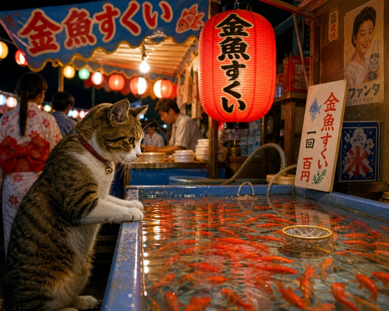 「お祭り気分を満喫中！🏮✨ すいすい泳ぐ金魚に興味津々な横顔がたまらない😻 #夏祭り #金魚すくい」Ultra-realistic high-quality photograph of a tabby and white cat resting its paws on a goldfish scooping tank at a night summer festival, with red lanterns and people in yukata in the background. 夜の夏祭りの屋台で、金魚すくいの水槽に前足をかけて泳ぐ金魚を真剣に見つめるキジ白猫。背景には赤提灯と浴衣姿の人々がぼけて映っている