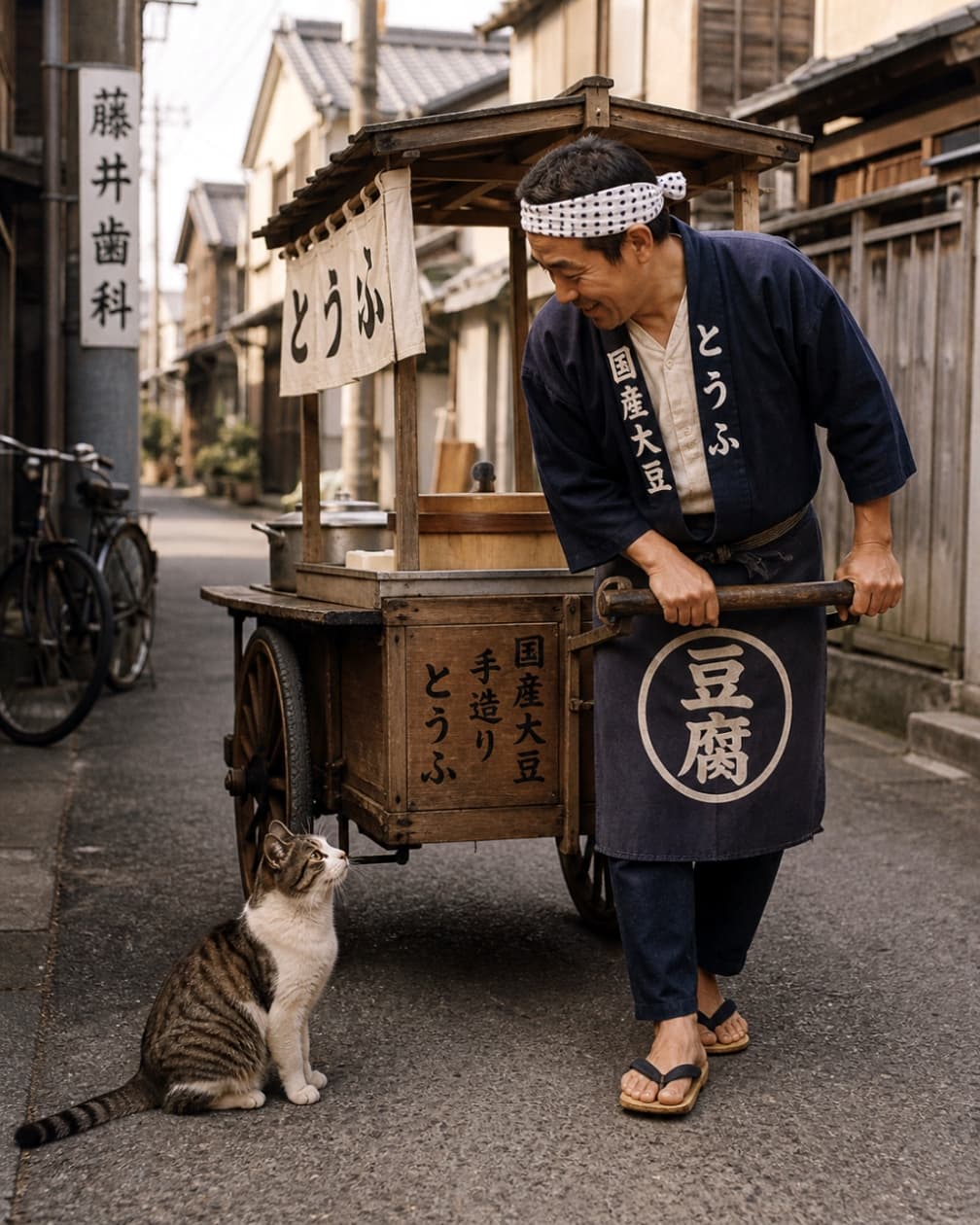 「お豆腐一つちょうだいニャ？🥢昔ながらのお豆腐屋さんと猫ちゃんの、心温まるふれあいの瞬間にほっこり☺️✨」Ultra-realistic high-quality photograph of a tabby and white cat sitting and looking up affectionately at a smiling traditional tofu vendor pulling a wooden cart. 昭和の風情漂う路地裏で、木製のリヤカーを引くお豆腐屋さん。足元でお座りをして、優しく微笑む店主を見上げるキジ白猫