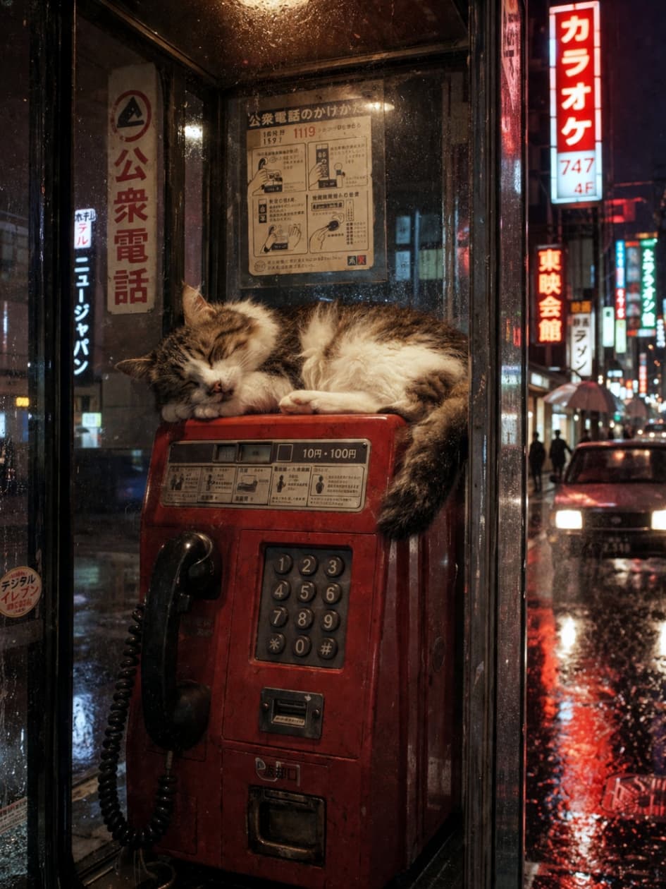 「公衆電話の上はぽかぽか暖かいのかな？🐱💤 レトロな電話機とスヤスヤ顔のギャップ萌え💖 #公衆電話 #街角スナップ」Ultra-realistic high-quality photograph of a cat napping on a vintage red payphone inside a booth, with rainy city street and neon signs visible through the glass. 雨の夜のネオン街を背景に、電話ボックスの赤い公衆電話機の上に身を乗り出して熟睡するキジ白猫。電話機のボタンや説明書きがレトロな雰囲気を醸し出している