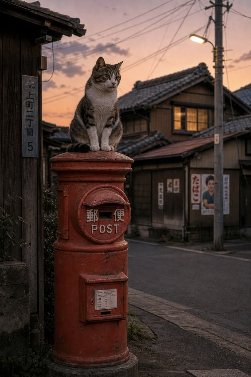 「街の灯りを見守るニャ📮夕焼け空の下、赤い丸ポストは猫ちゃんの特等席。今日も一日、静かに夜が始まります🌆」Ultra-realistic high-quality photograph of a cat perched on top of a classic red Japanese postbox at dusk, with a warm street lamp glowing nearby. 夕暮れ時、オレンジ色の空を背に赤い丸ポストのてっぺんに座るキジ白猫。街灯が灯り始め、猫の凛々しい横顔を照らし出している