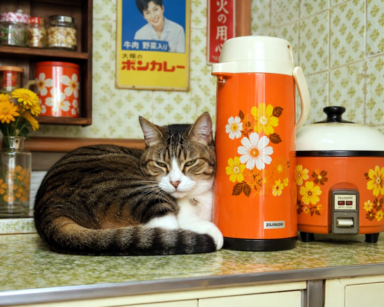「昭和レトロな花柄ポットと猫ちゃん🌸 キッチンでお母さんのお手伝い（？）中かな🍳🐈 #昭和レトロ #台所」Ultra-realistic high-quality photograph of a tabby and white cat relaxing next to a retro floral orange thermos and rice cooker in a vintage Japanese kitchen. 花柄のオレンジ色のレトロな魔法瓶と炊飯器の隣で、香箱座りをしてくつろぐキジ白猫。昭和の台所の風景