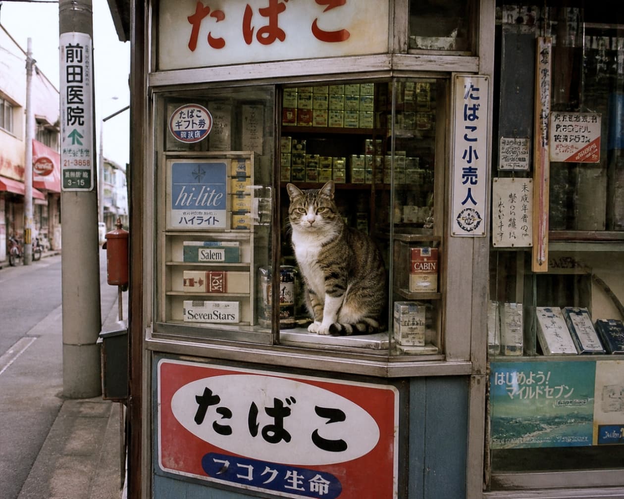 「昭和にタイムスリップしたみたい🕰️街角のたばこ屋さんで店番をする、凛々しい表情の看板猫ちゃん🐈✨」Ultra-realistic high-quality photograph of a tabby and white cat sitting inside the glass display window of a retro Japanese tobacco shop. 古き良き昭和の雰囲気が残るたばこ屋のガラスケースの中に座り、こちらを見つめるキジ白猫。周囲にはレトロなたばこのパッケージや看板が並ぶ