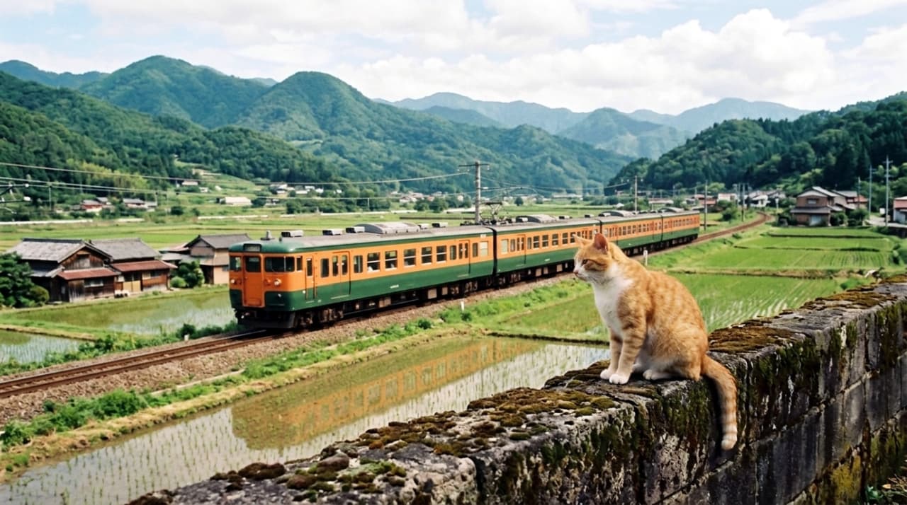 「田んぼの水鏡を走る列車とパシャリ📸 初夏の爽やかな風を感じる最高の一枚！🍃🐈 #田園風景 #水鏡」Ultra-realistic high-quality photograph of a ginger and white cat sitting on a mossy stone wall, with a local train running in the background and its reflection in a flooded rice field. 水を張った田んぼのそばの苔むした石垣に座る茶白猫。背景にはオレンジと緑のローカル列車が走り、水面に見事な水鏡となって映り込んでいる