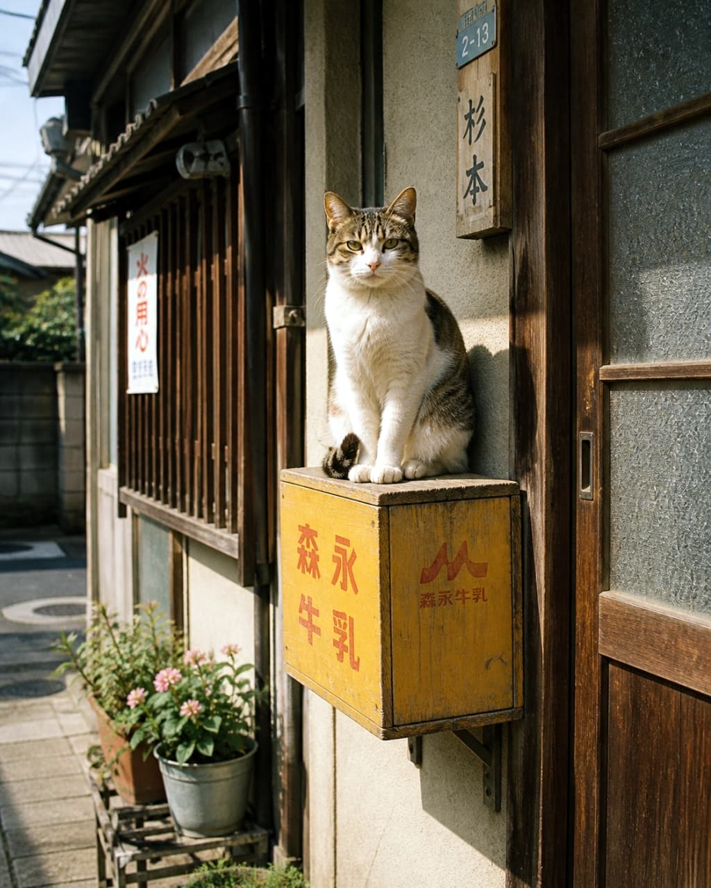 「牛乳配達の警備はお任せニャ！😼🥛 レトロな牛乳箱にすっぽり収まる姿が可愛すぎる💕 #昭和レトロ #路地裏」Ultra-realistic high-quality photograph of a tabby and white cat sitting politely on a yellow vintage wooden milk delivery box attached to a traditional Japanese house. 昭和レトロな木造住宅の玄関先。壁に掛けられた黄色い「森永牛乳」の木製受け箱の上にちょこんと座り、こちらを見つめるキジ白猫