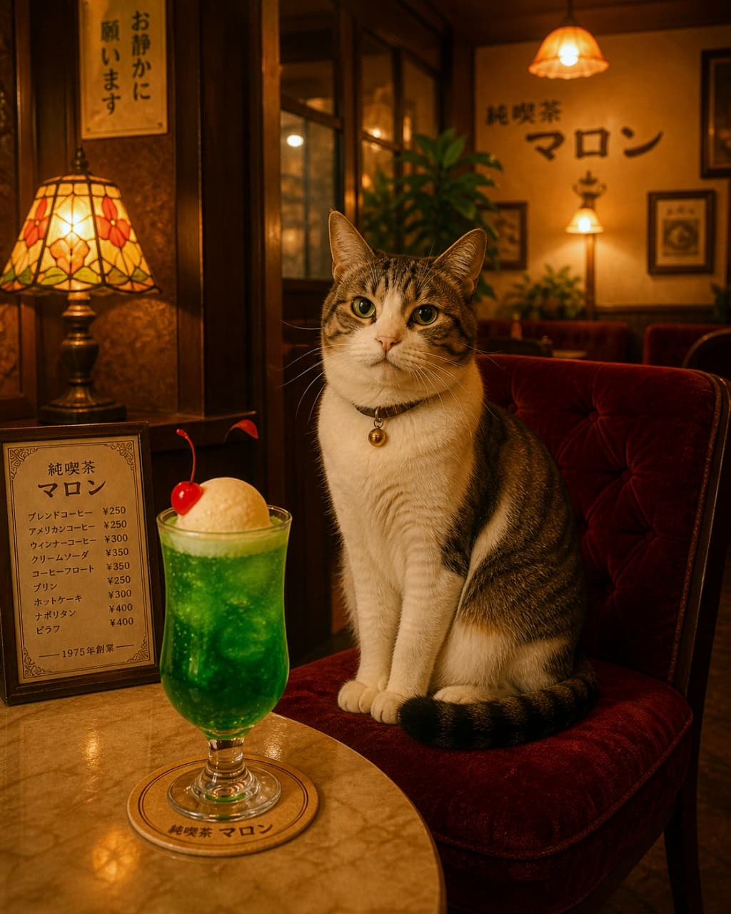 「純喫茶でちょっと一息☕ 鮮やかなクリームソーダと猫ちゃんの組み合わせがエモい🍒🐈 #純喫茶 #クリームソーダ」Ultra-realistic high-quality photograph of a tabby and white cat sitting on a red velvet chair next to a melon cream soda in a retro Japanese coffee shop. 純喫茶の赤いベルベットの椅子に座り、テーブルの上のクリームソーダを見つめるキジ白猫。レトロな照明が温かい