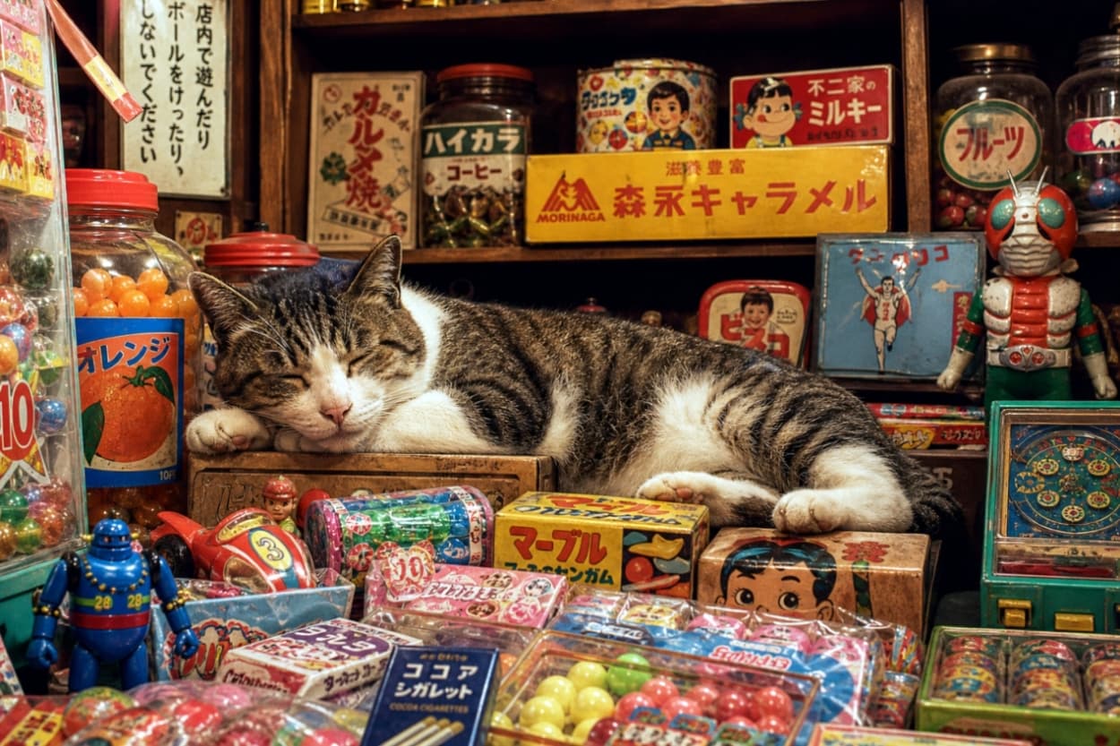 「店番はちょっと休憩にゃ💤 カラフルな駄菓子とおもちゃに囲まれて幸せそうなお昼寝タイム🐈🍬 #駄菓子屋 #看板猫」Ultra-realistic high-quality photograph of a tabby and white cat sleeping surrounded by colorful retro candies and vintage toys in an old Japanese candy store. 昭和の駄菓子屋で、色鮮やかなパッケージのキャラメルやおもちゃに囲まれてぐっすり眠るキジ白猫