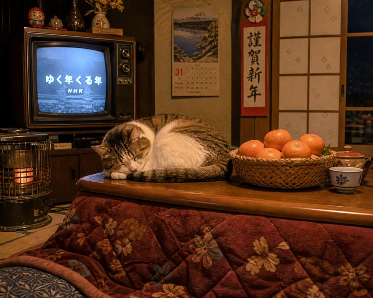 「年越しまで起きられないにゃ🍊 こたつとみかんと猫の、完璧な冬の風物詩です❄️🐈 #こたつ猫 #大晦日」Ultra-realistic high-quality photograph of a tabby and white cat sleeping curled up on a kotatsu next to a basket of mandarin oranges, with a retro TV showing a New Year's program. 「ゆく年くる年」が映るブラウン管テレビの前で、こたつの上のカゴに入ったみかんの横で丸まって眠るキジ白猫
