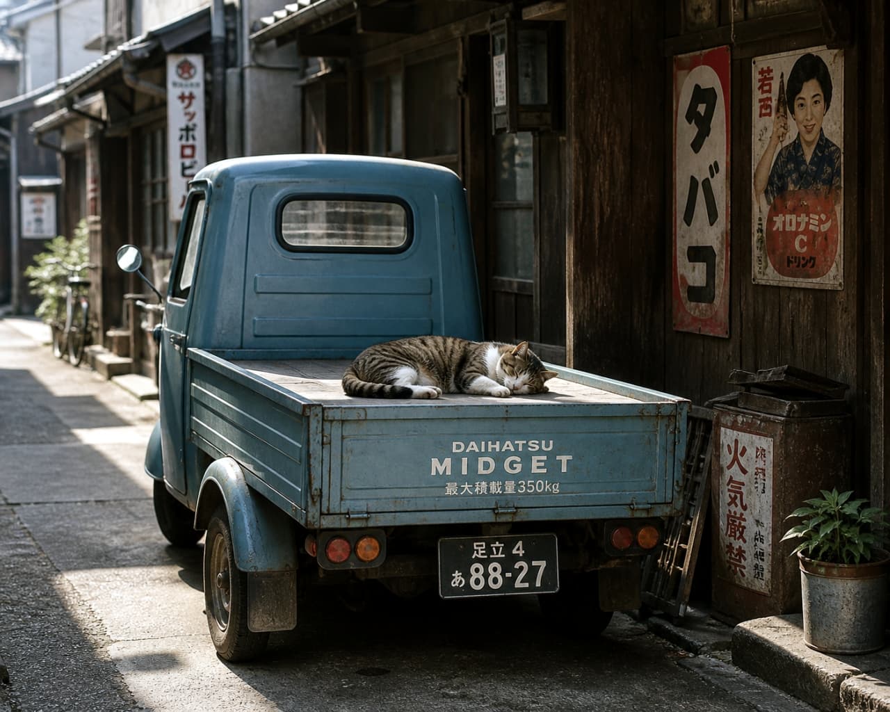 「荷台の上が特等席ニャ💤レトロなオート三輪でぐっすりお昼寝中。昭和ののんびりした空気が伝わってきます🚚✨」Ultra-realistic high-quality photograph of a tabby cat sleeping soundly on the flatbed of a vintage blue Daihatsu Midget three-wheeled truck in a retro street. 昭和の古い町並みに停められた青いレトロなオート三輪の荷台の上で、丸くなって眠るキジトラ猫