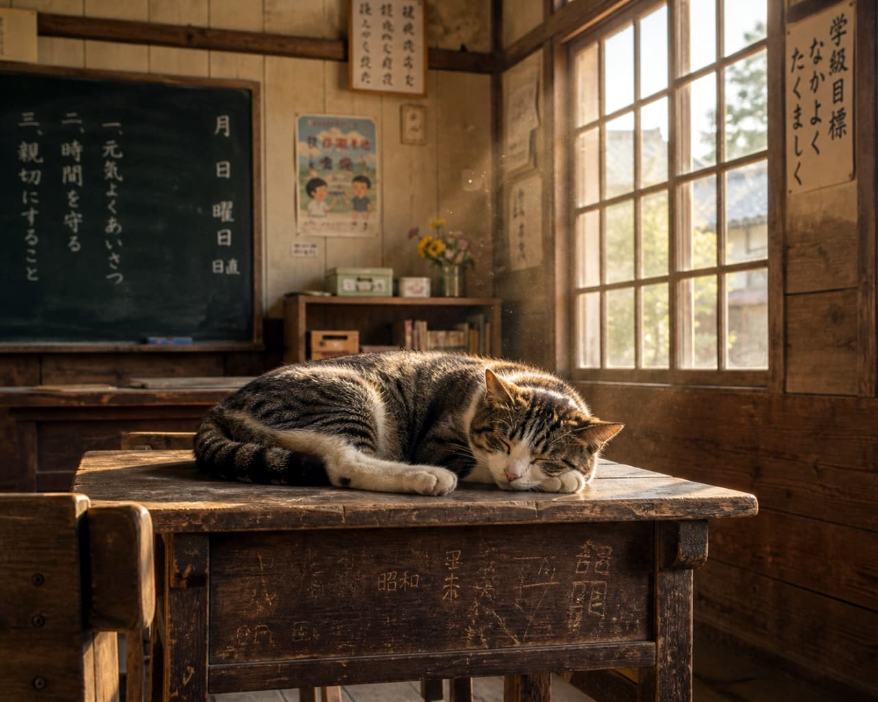 「放課後の教室でウトウト…🏫🐾 ぽかぽか陽だまりの中で、青春の思い出が蘇るね🌸 #学校 #お昼寝」Ultra-realistic high-quality photograph of a cat sleeping soundly on an old wooden desk in a retro Japanese classroom illuminated by the warm afternoon sun. 昭和の雰囲気が漂う木造校舎の教室。西日が差し込む古い木の机の上で、気持ちよさそうに丸くなって眠るキジ白猫。背景に黒板や「学級目標」の掲示物が見える