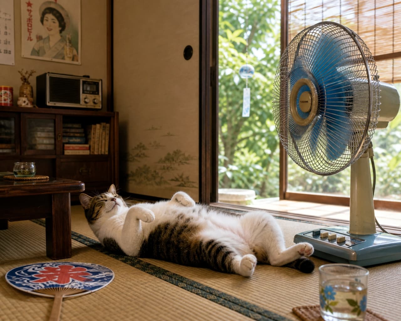 「扇風機の風を独り占め🎐 畳の上で大胆に「へそ天」でお昼寝中の猫ちゃんです🐈💤 #猫のいる暮らし #昭和レトロ」Ultra-realistic high-quality photograph of a tabby and white cat sleeping on its back on tatami mats in front of a retro blue electric fan in a traditional Japanese room. 縁側が開け放たれた和室で、レトロな青い扇風機の前で仰向けになって眠るキジ白猫。日本の夏の風景