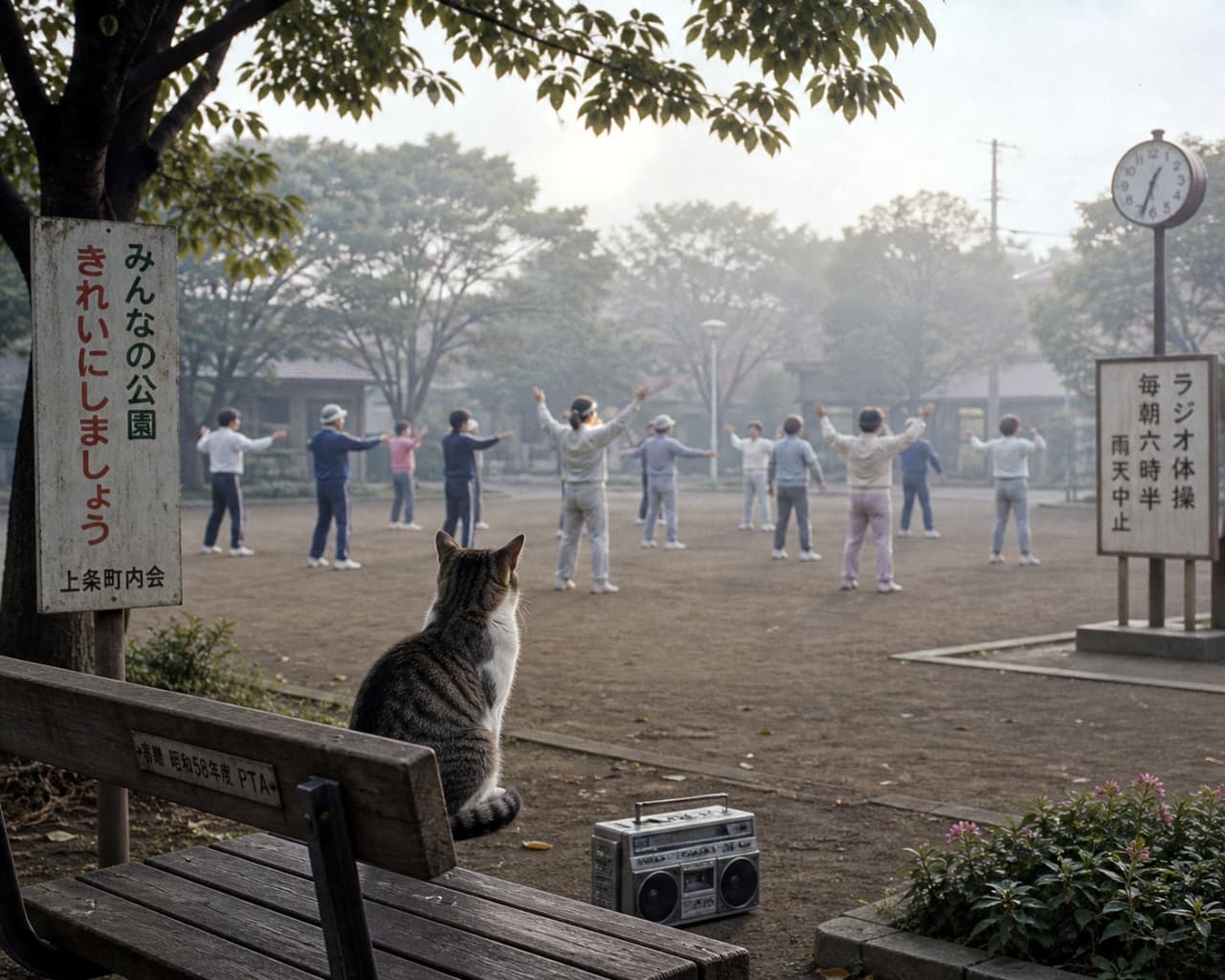 「朝の公園でラジオ体操を見学中？🐈🎶 一緒に体を動かしたくなっちゃうね✨ #朝活 #猫のいる風景」Ultra-realistic high-quality photograph of a tabby and white cat sitting on a wooden bench, watching people doing morning radio calisthenics in a foggy park, with a vintage boombox in the foreground. 朝もやの公園で、木製ベンチに座ってラジオ体操をする人々を見つめるキジ白猫の背中。手前にはレトロなラジカセと「みんなの公園」の看板がある
