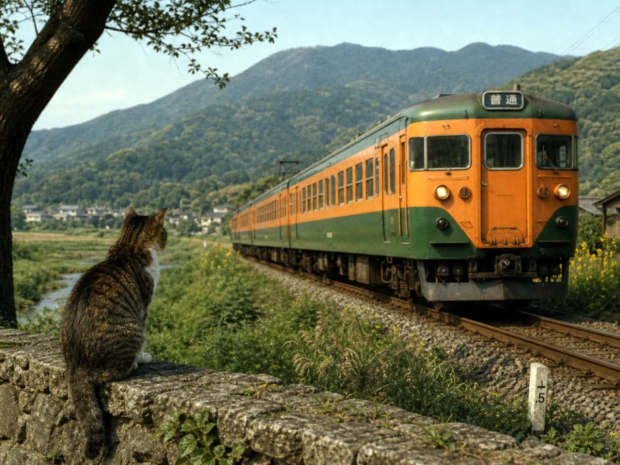 「ガタンゴトン、どこへ行くのかな？🚂🐈🐾 線路沿いで電車を待つ猫ちゃんの背中に、旅情を感じてキュンとしちゃいます✨ #猫のいる風景 #鉄道写真 #エモい」Ultra-realistic high-quality photograph of a tabby and white cat sitting on a stone wall, viewed from behind, watching a vintage orange and green train pass through a rural Japanese landscape with lush green mountains in the background. 石垣の上に座り、線路を走るオレンジと緑色のレトロな電車を静かに見守るキジ白猫の後ろ姿。背景には雄大な緑の山々と日本の田舎町が広がり、温かみのある自然光が景色全体を包み込んでいます