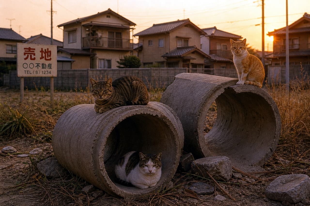 「今日も一日お疲れ様ニャ🌇夕暮れの空き地、土管の上でまったり過ごす猫たちの秘密基地へようこそ🐈✨」Ultra-realistic high-quality photograph of three cats resting on and inside concrete pipes in an empty lot during a golden sunset. 夕日が沈む頃の空き地に置かれた大きな土管。その上と中に3匹の猫がくつろいでおり、背後には住宅街のシルエットが浮かぶ